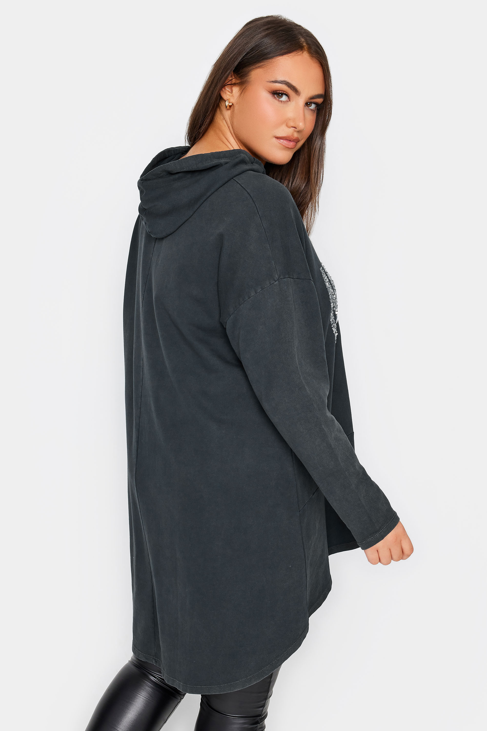 YOURS Plus Size Black 'New York' Slogan Acid Wash Hoodie | Yours Clothing