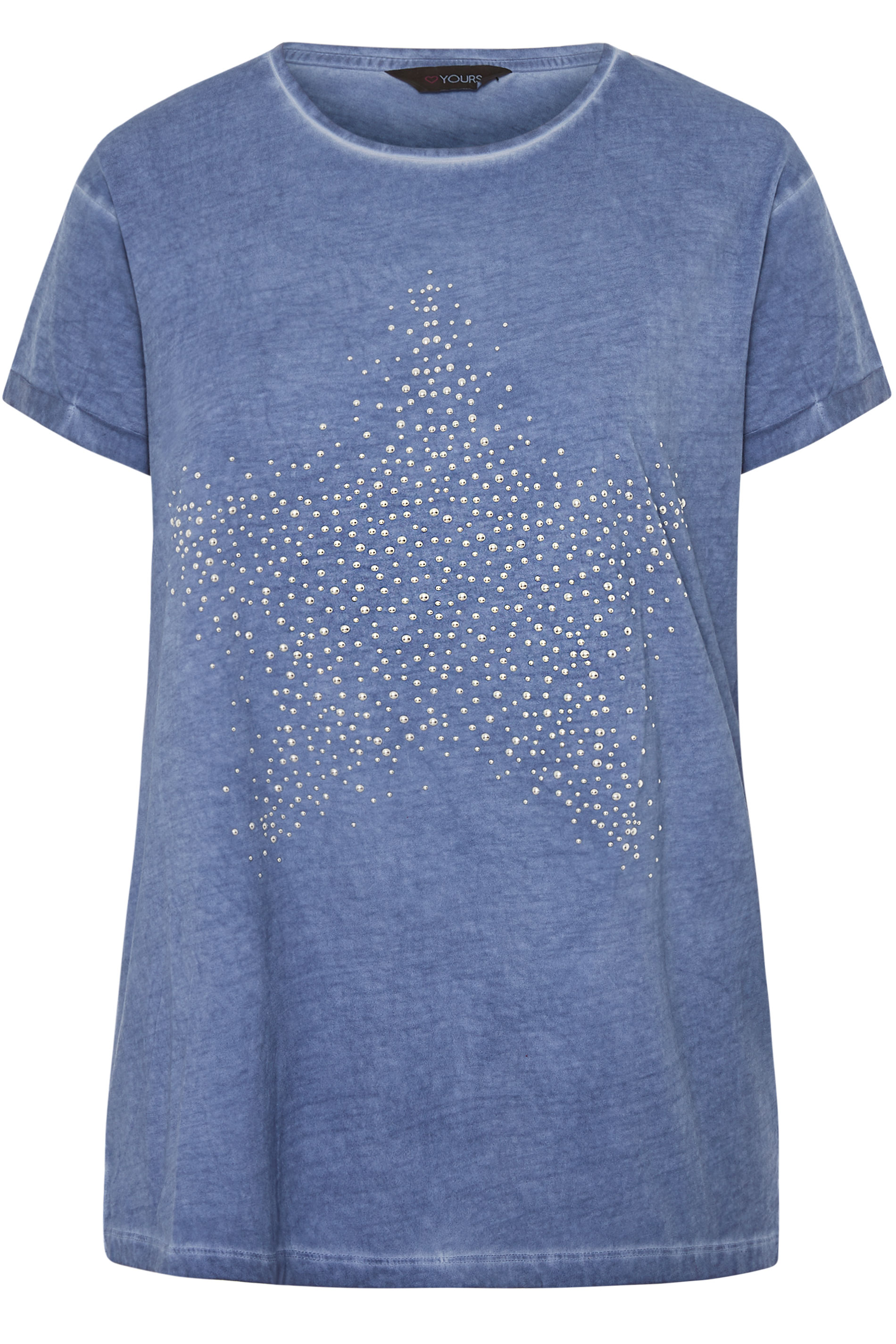 Blue Acid Wash Stud Star T-Shirt | Yours Clothing