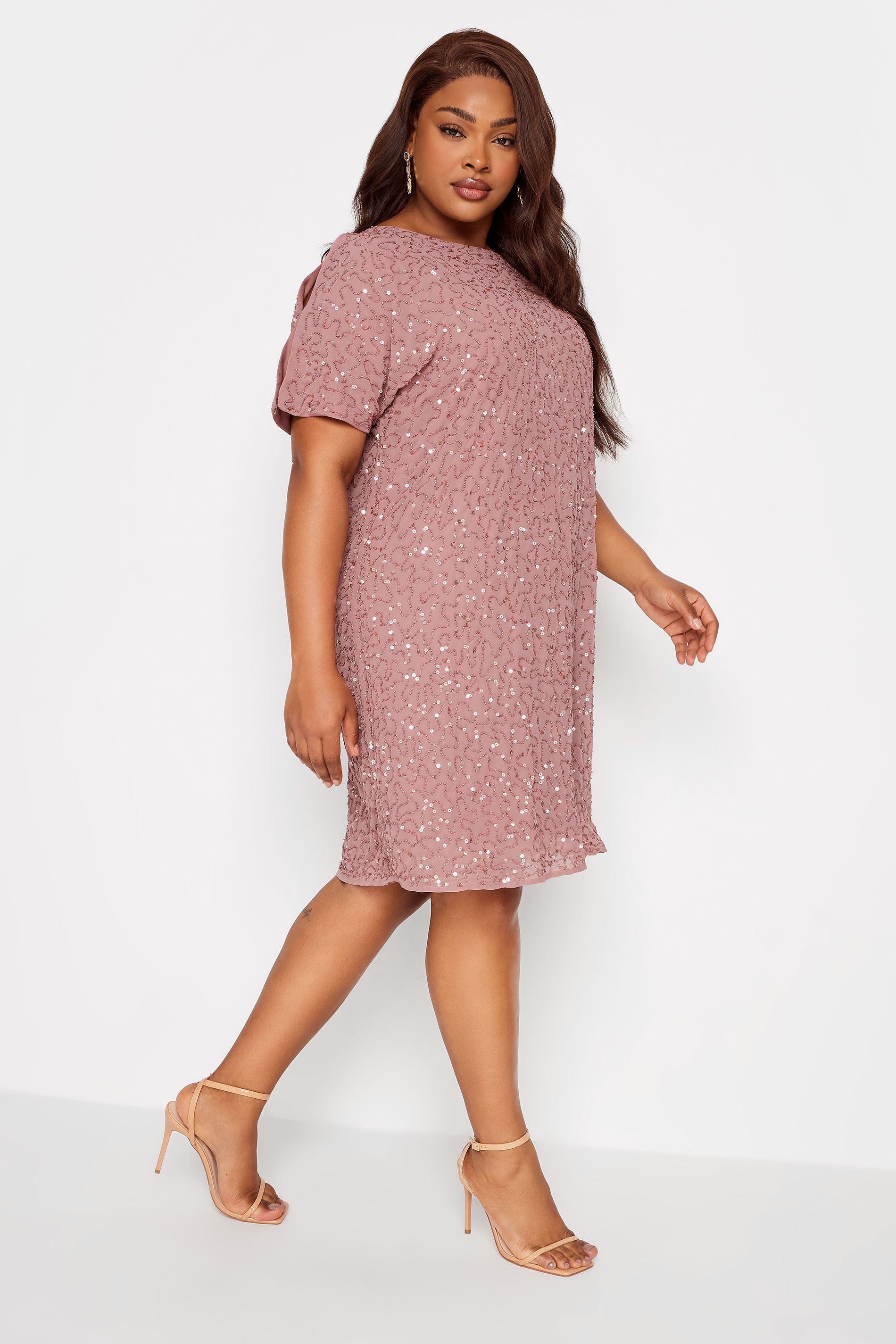 LUXE Plus Size Light Pink Sequin Hand Embellished Cape Dress | Yours Clothing 2