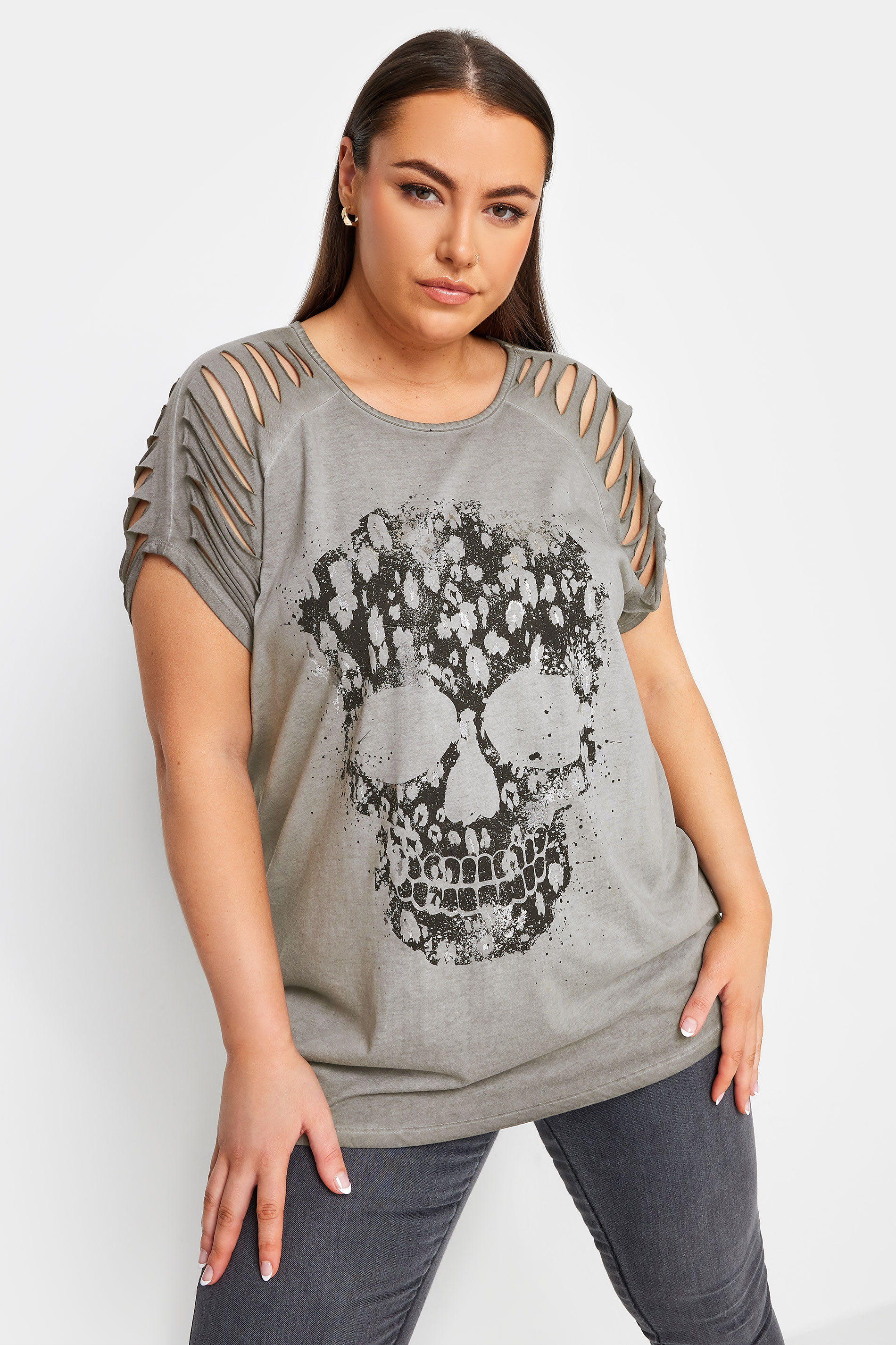 YOURS Curve Grey Skull Print T-Shirt | Yours Clothing 1