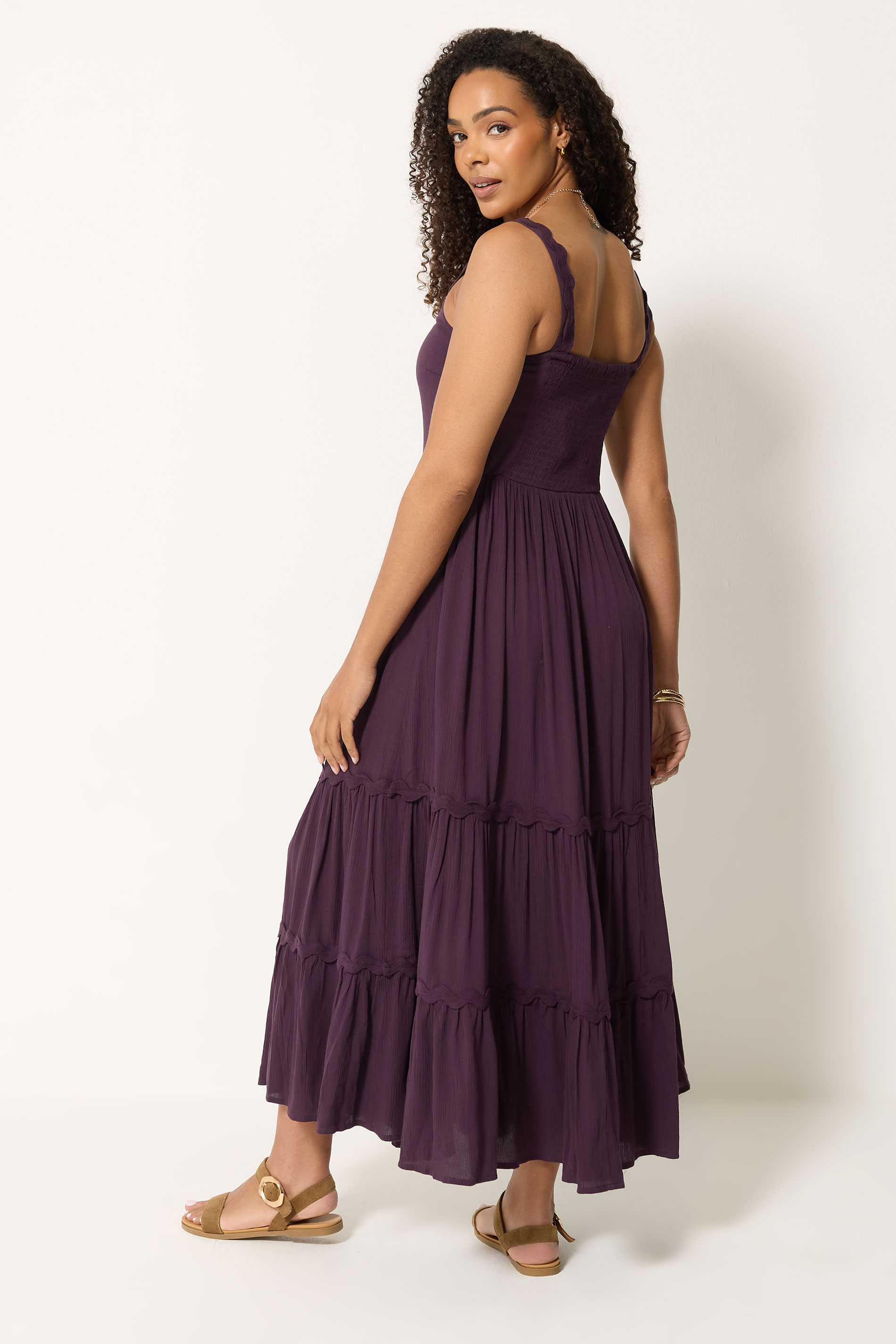 M&Co Berry Purple Woven Swirl Trim Tiered Maxi Dress | M&Co 2