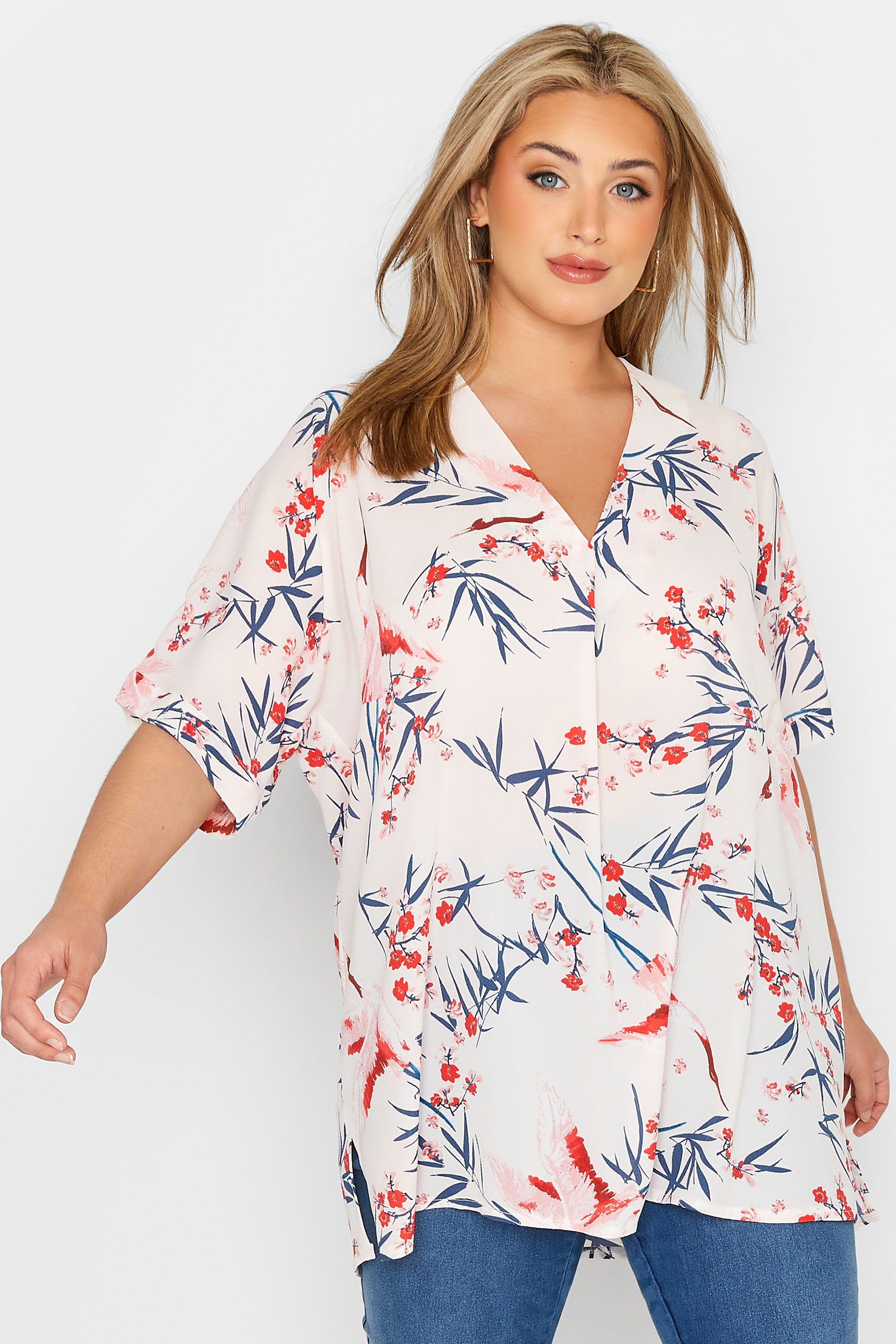 Plus Size White Floral Pleat Front V-Neck Top | Yours Clothing 1