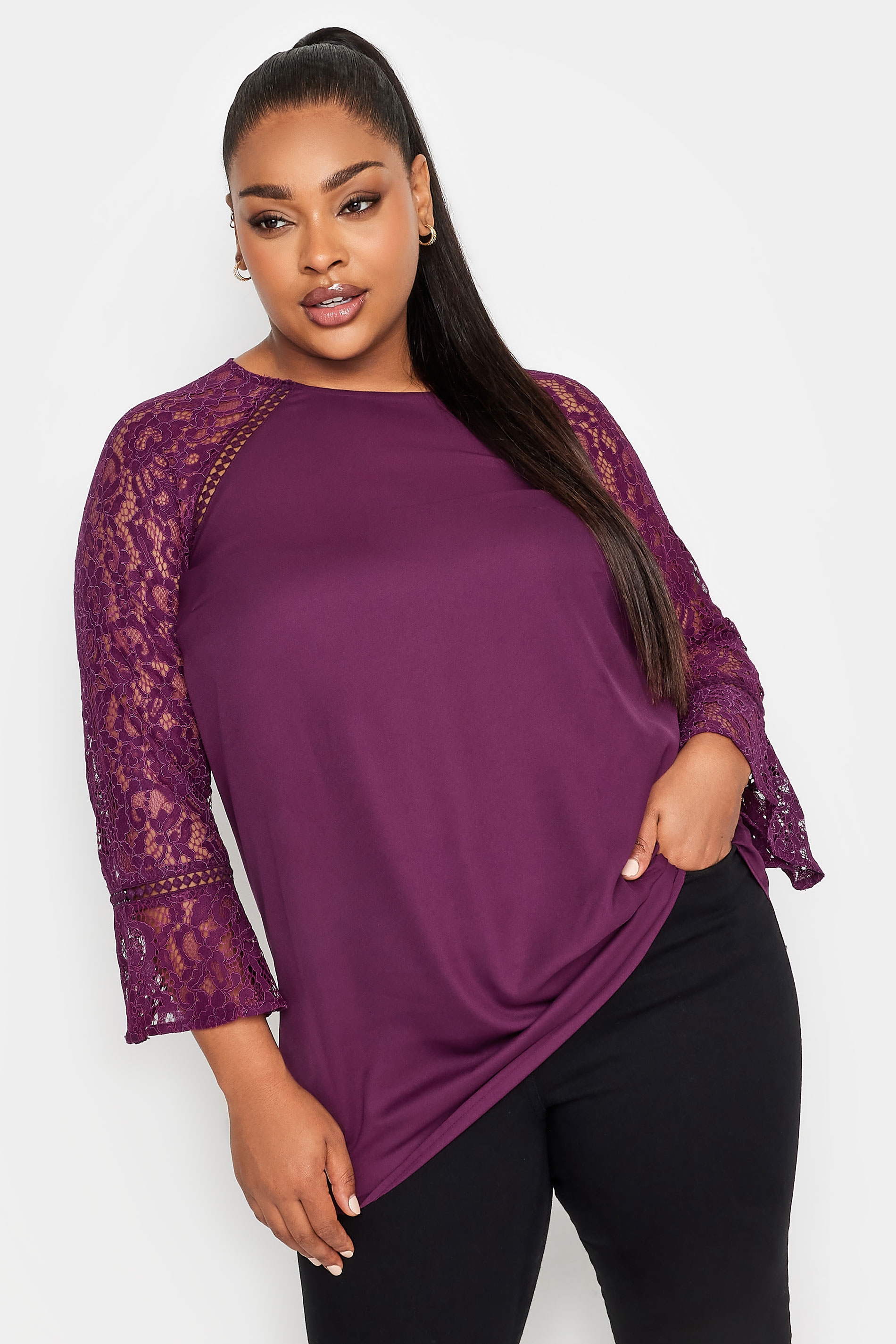 YOURS LONDON Curve Purple Lace Flute Sleeve Top | Yours Clothing 1