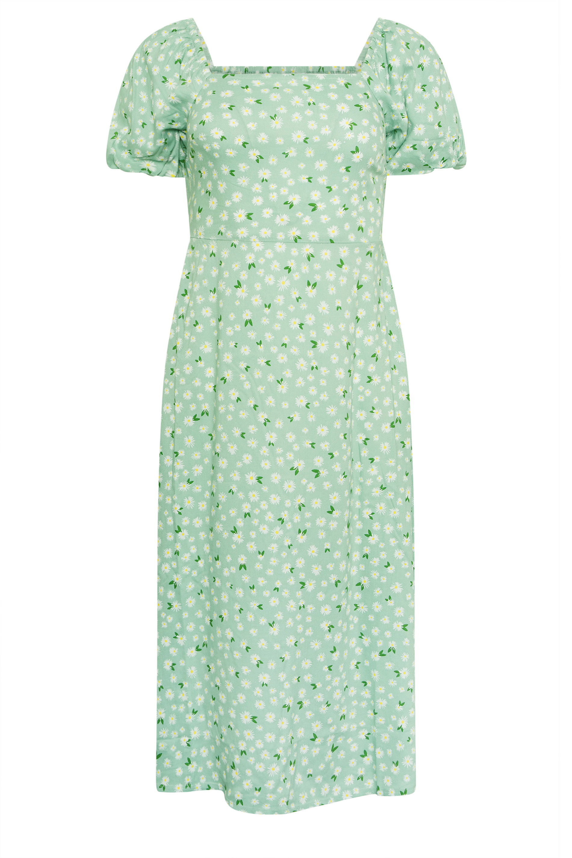 PixieGirl Petite Women's Light Green Daisy Puff Sleeve Midi Dress | PixieGirl 5