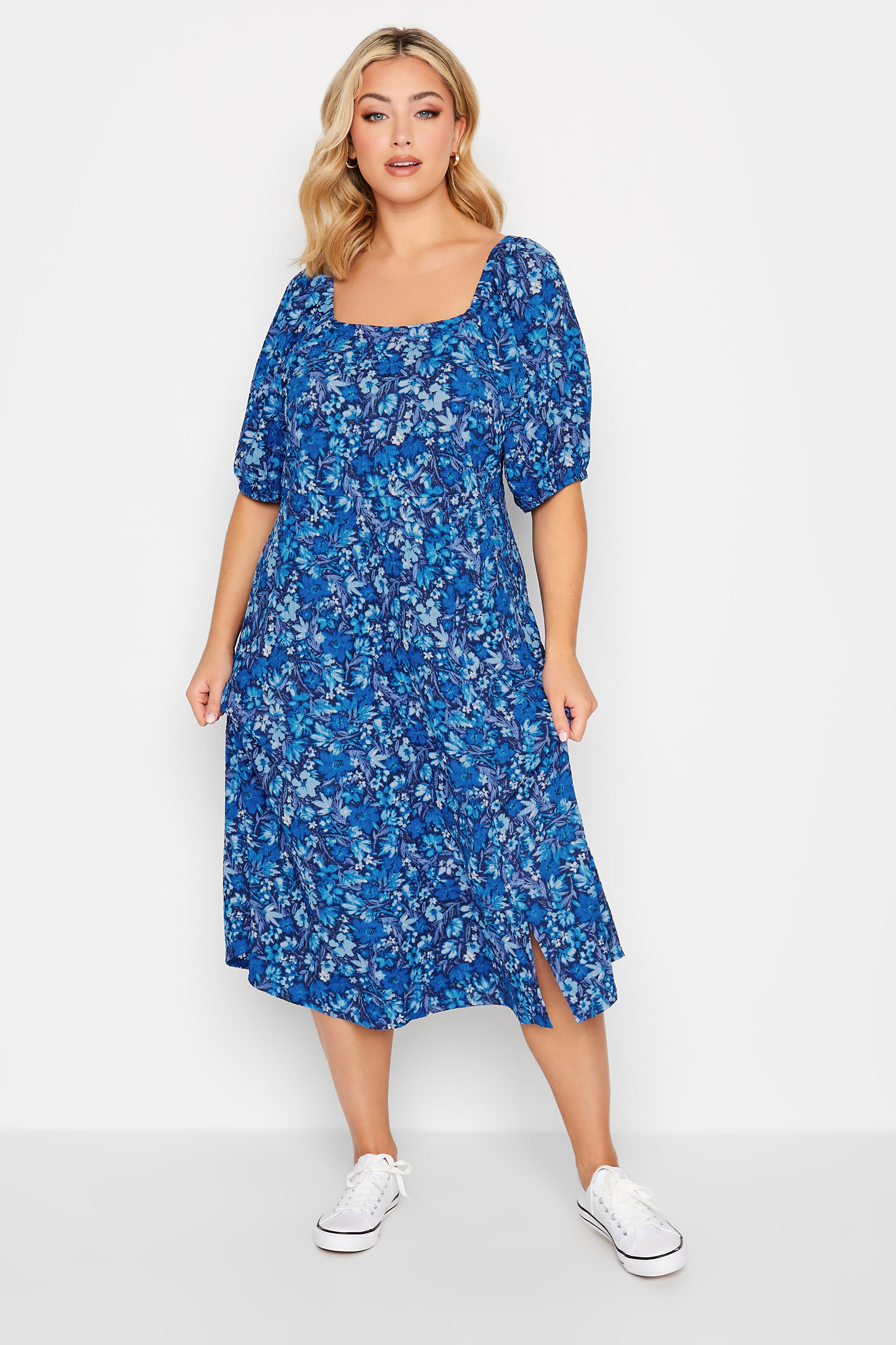 YOURS Plus Size Blue Ditsy Print Square Neck Midaxi Dress | Yours Clothing 1