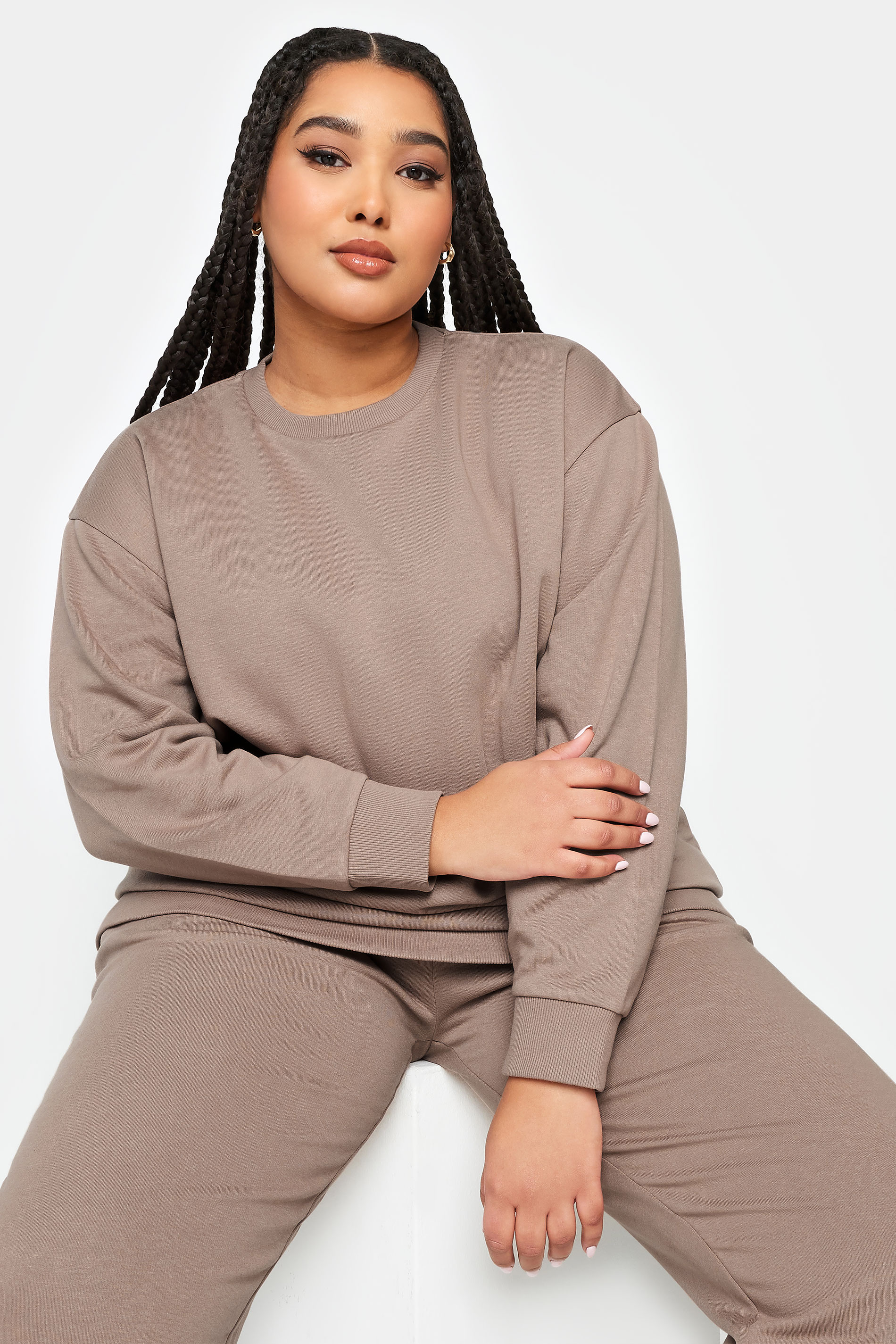 YOURS Plus Size Mocha Brown Crew Neck Sweatshirt | Yours Clothing 1
