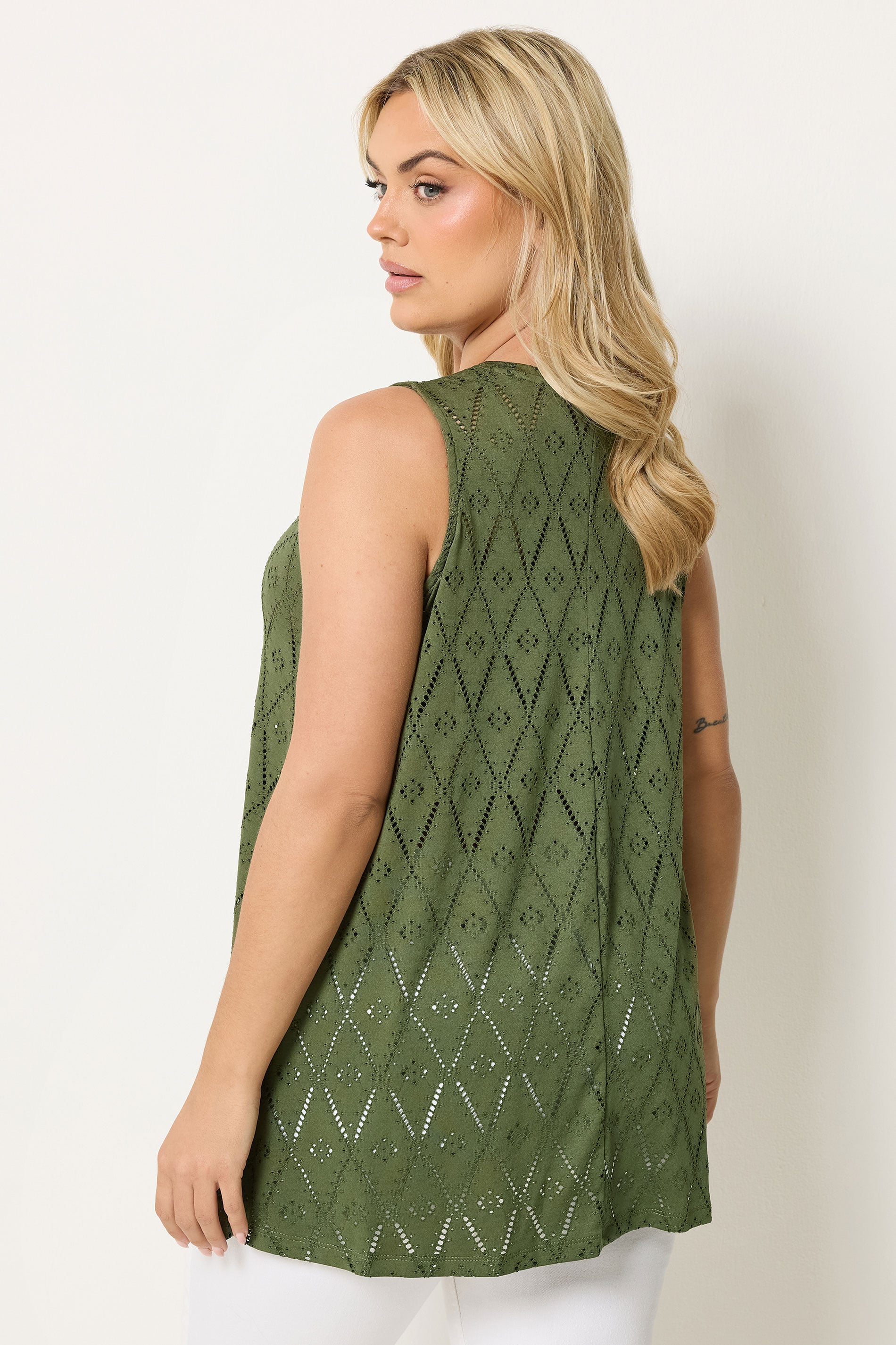 YOURSET 2 PACK Plus Size Black & Green Pointelle Vest Top | Yours Clothing 5