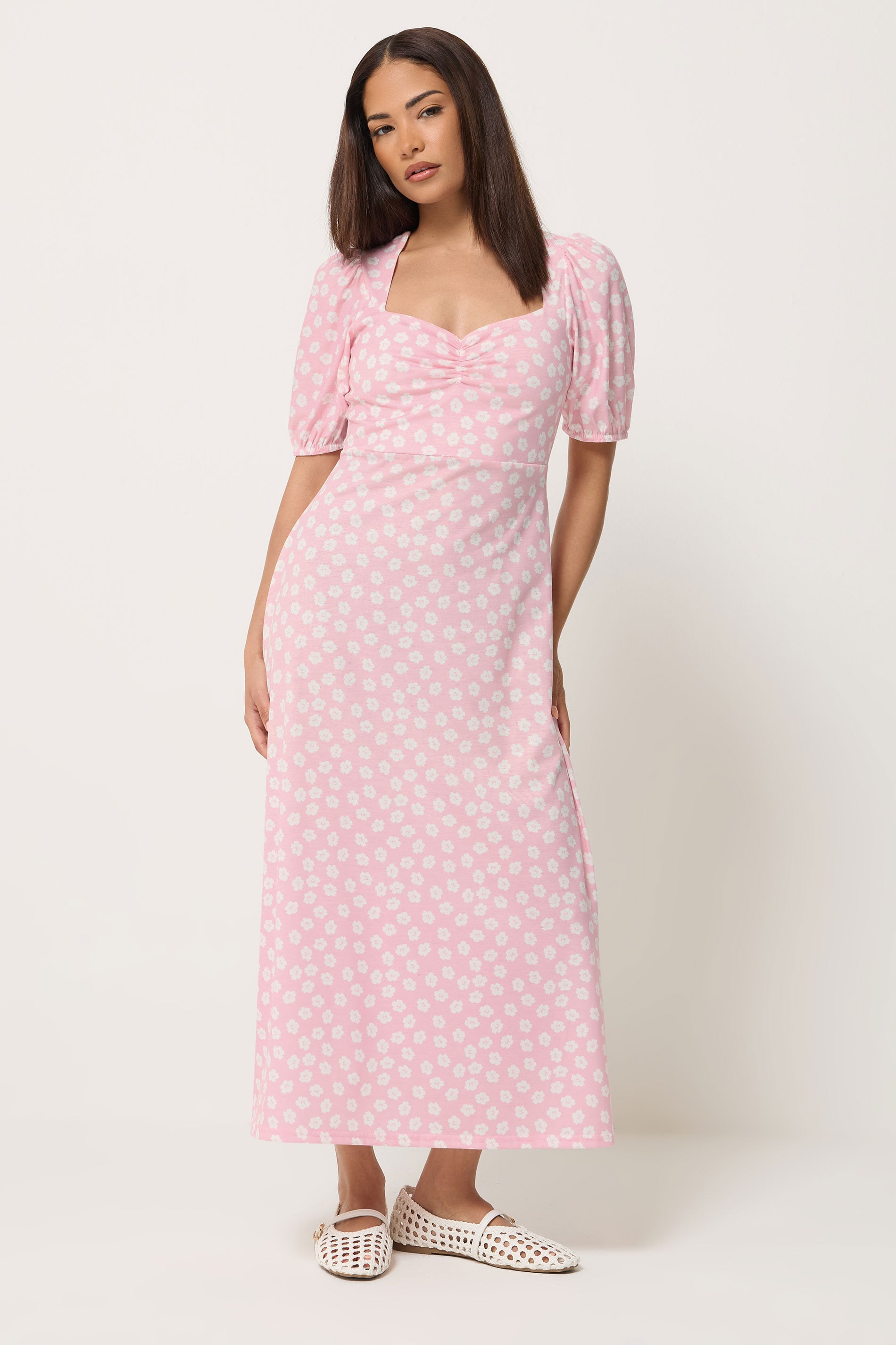 PixieGirl Petite Women's Pink Floral Ruched Midi Dress | PixieGirl 3