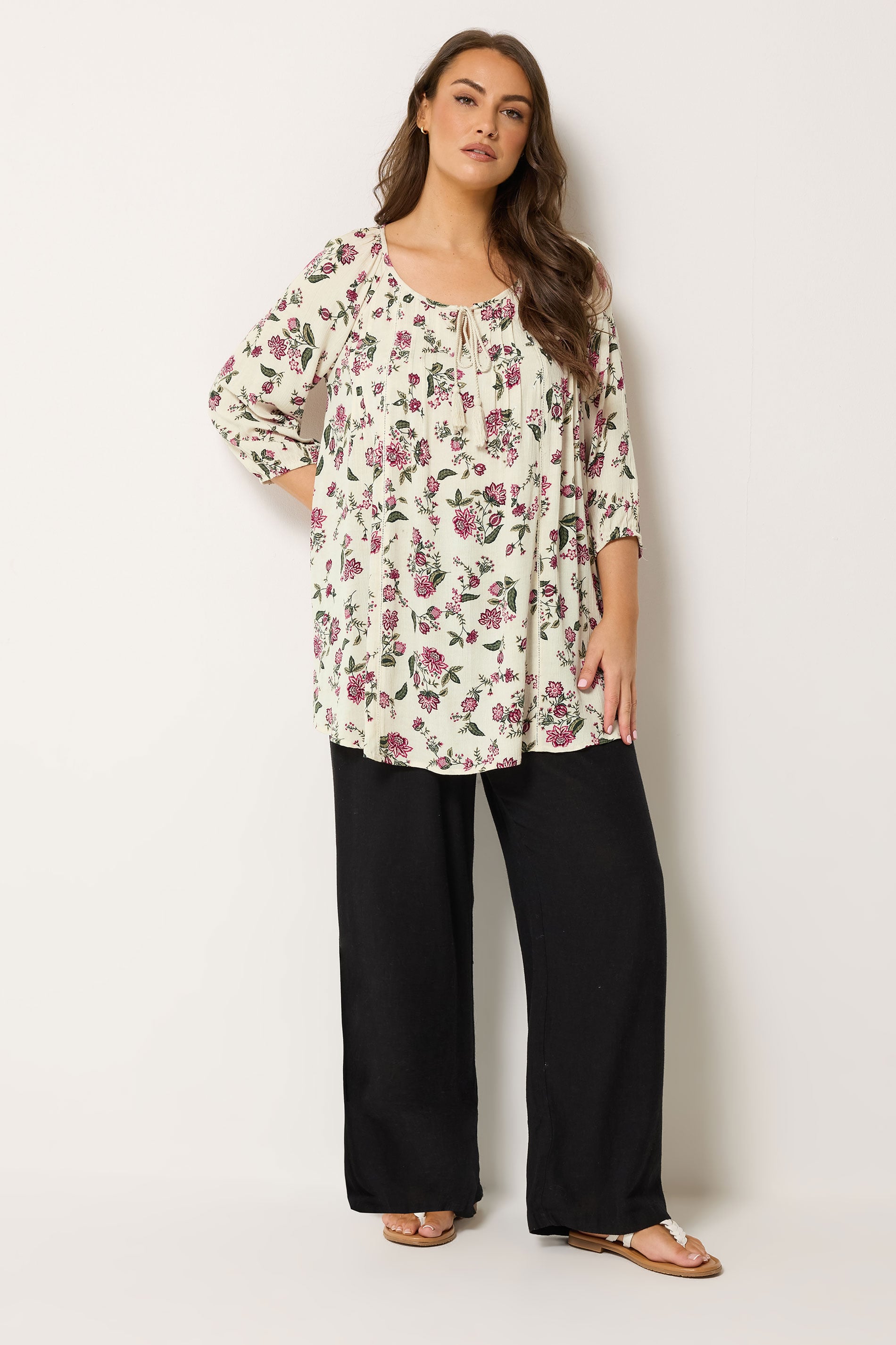 YOURS Plus Size Ivory White Floral Tie Detail Top | Yours Clothing 1