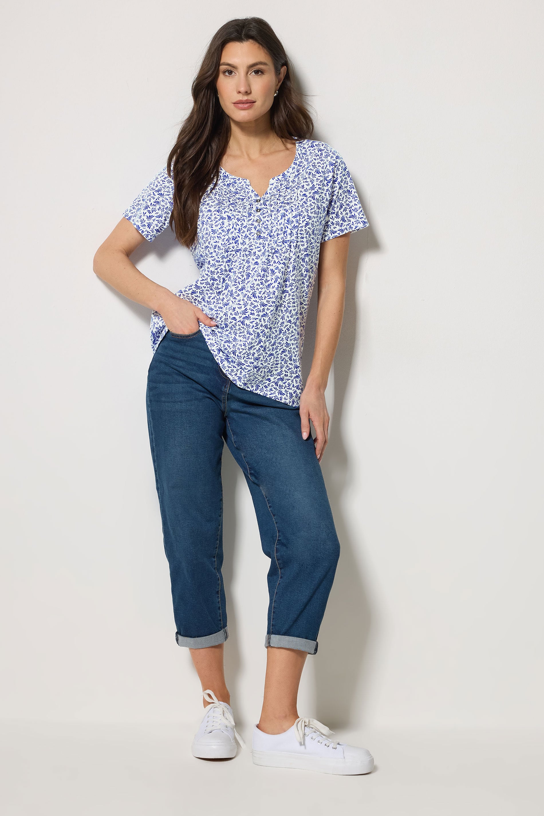 M&Co 2 PACK Navy Blue & White Floral Cotton Henley Tops | M&Co 2