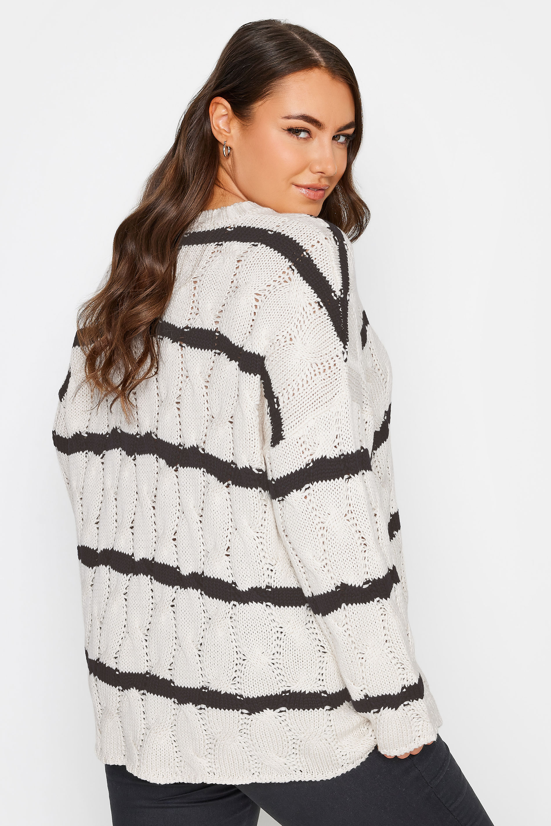 YOURS Plus Size White Stripe Cable Knit Jumper | Yours Clothing 3