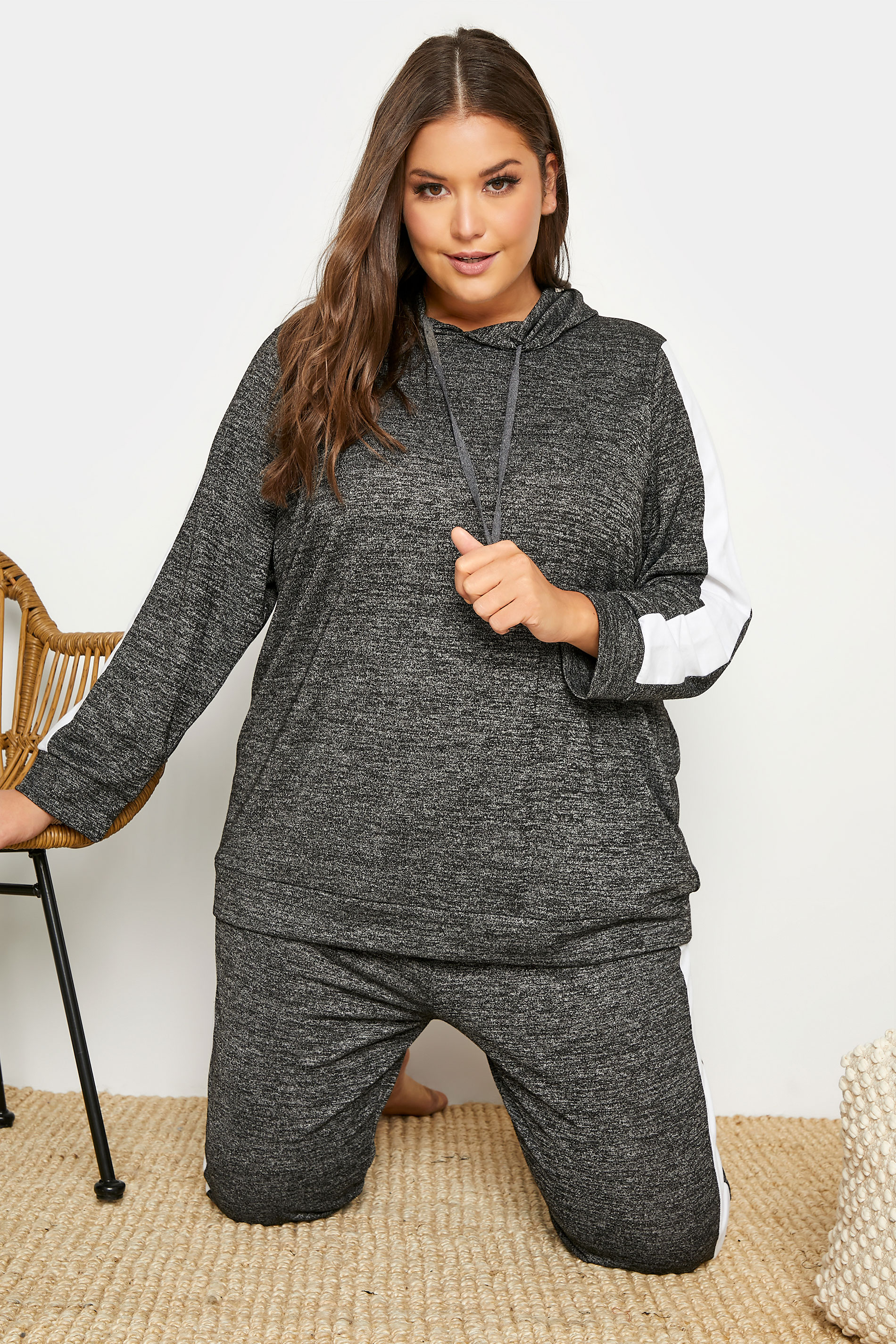 Plus Size Charcoal Grey Stripe Hooded Lounge Top | Yours Clothing 1