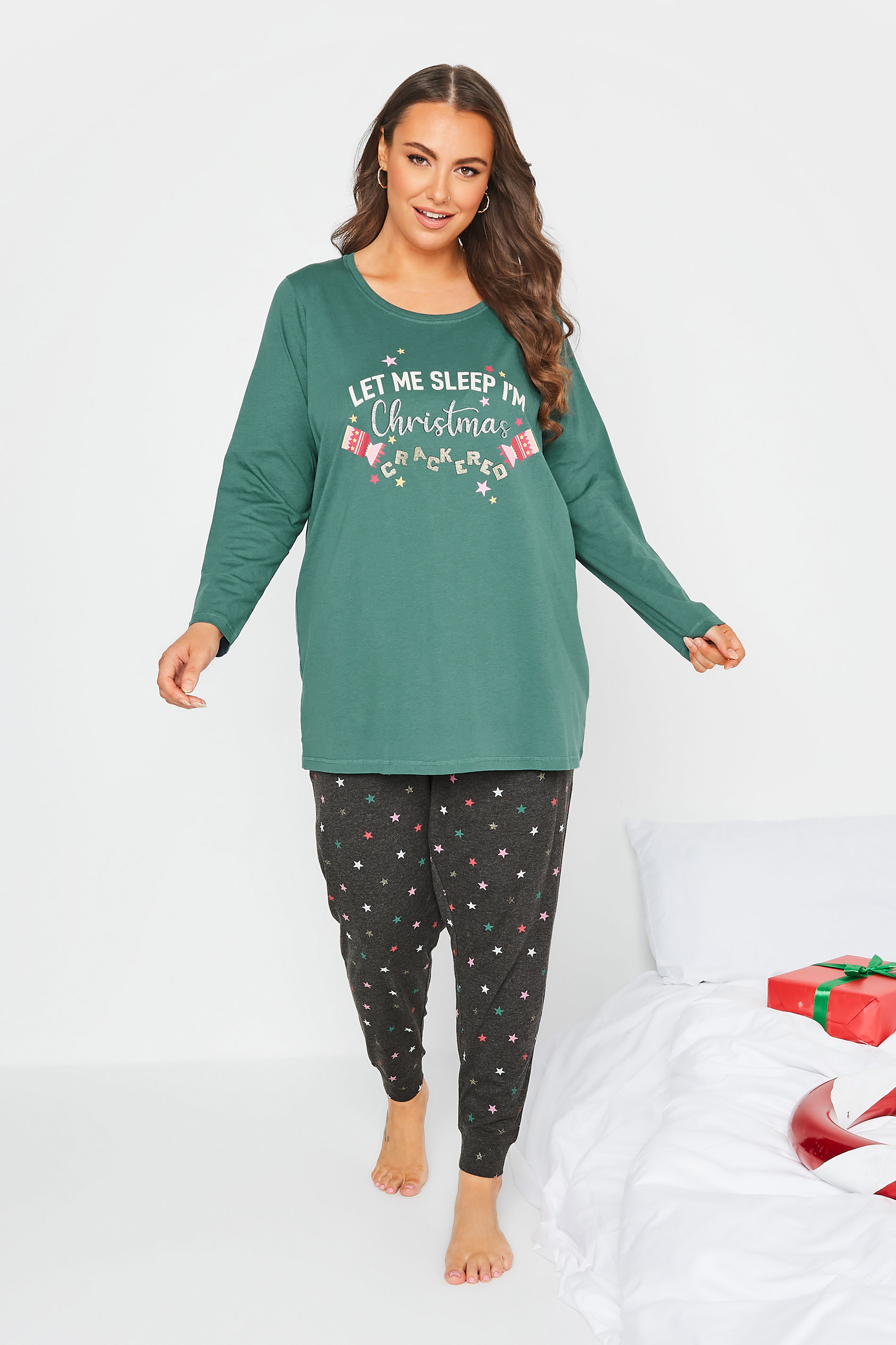Plus Size Green 'Christmas Crackered' Star Print Pyjama Set | Yours Clothing 1