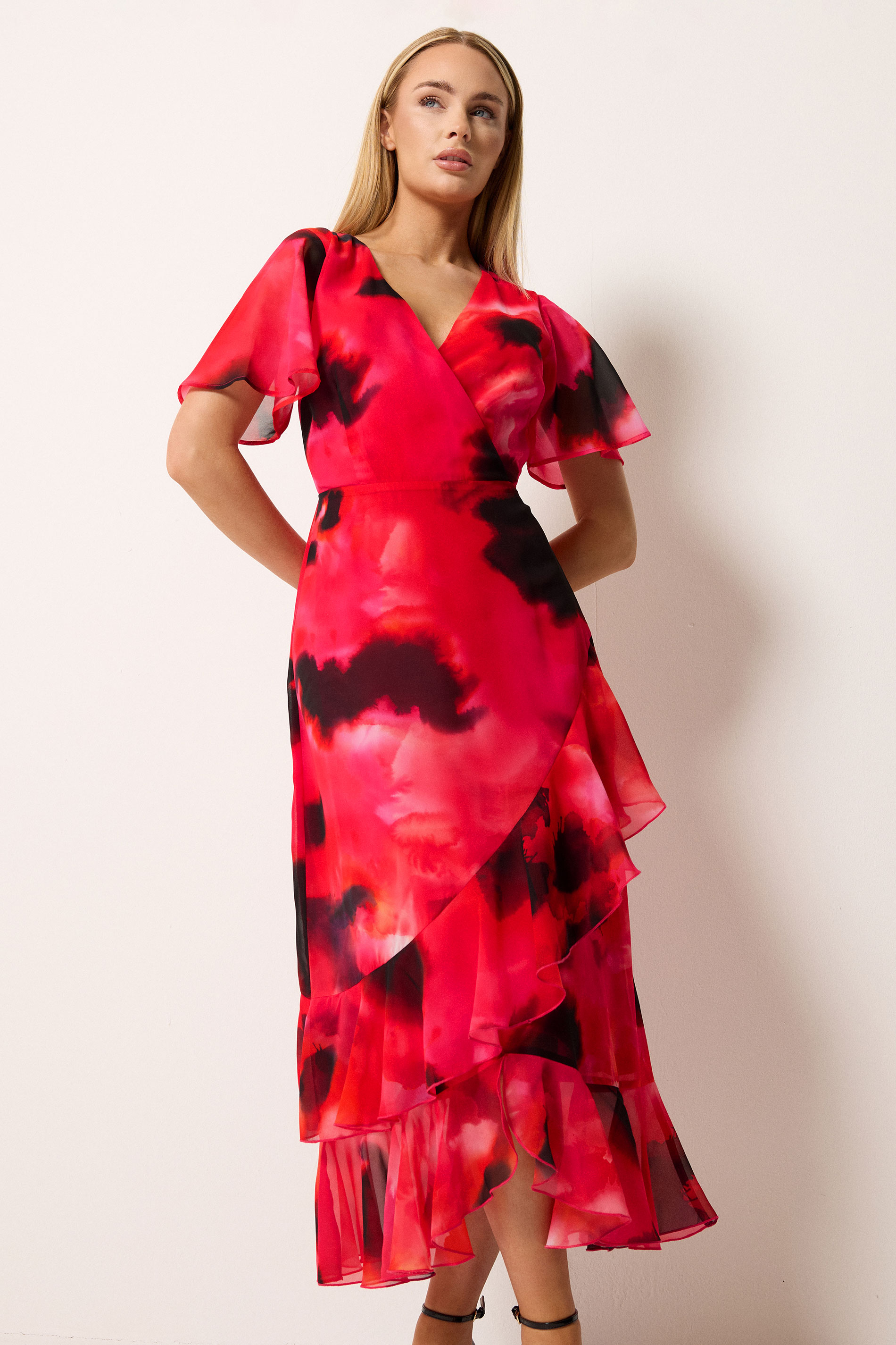 STAR Red Blurred Floral Tiered Wrap Dress | StarByJM 3