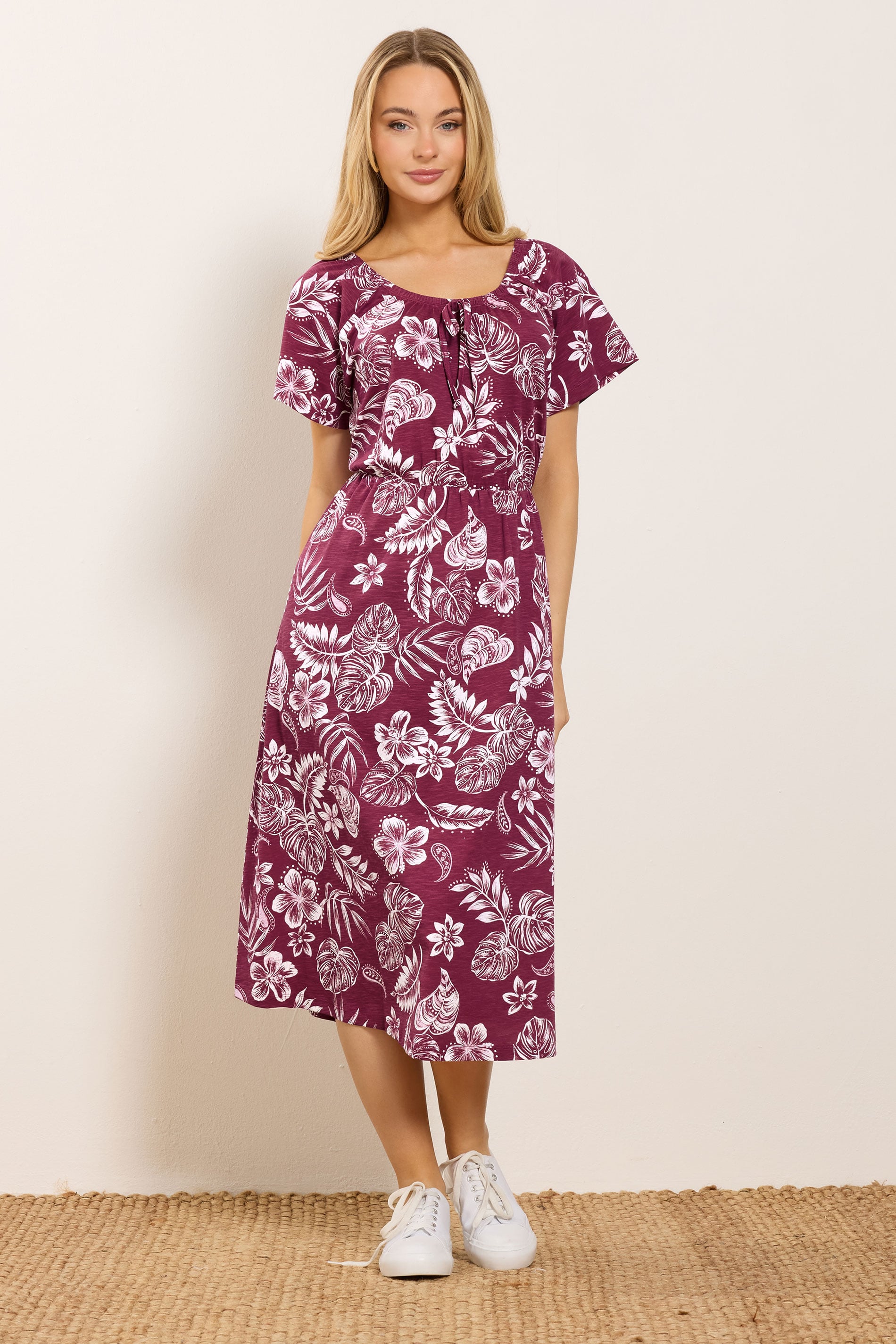 M&Co Berry Red Floral Tie Neck Cotton Midi Dress | M&Co 1