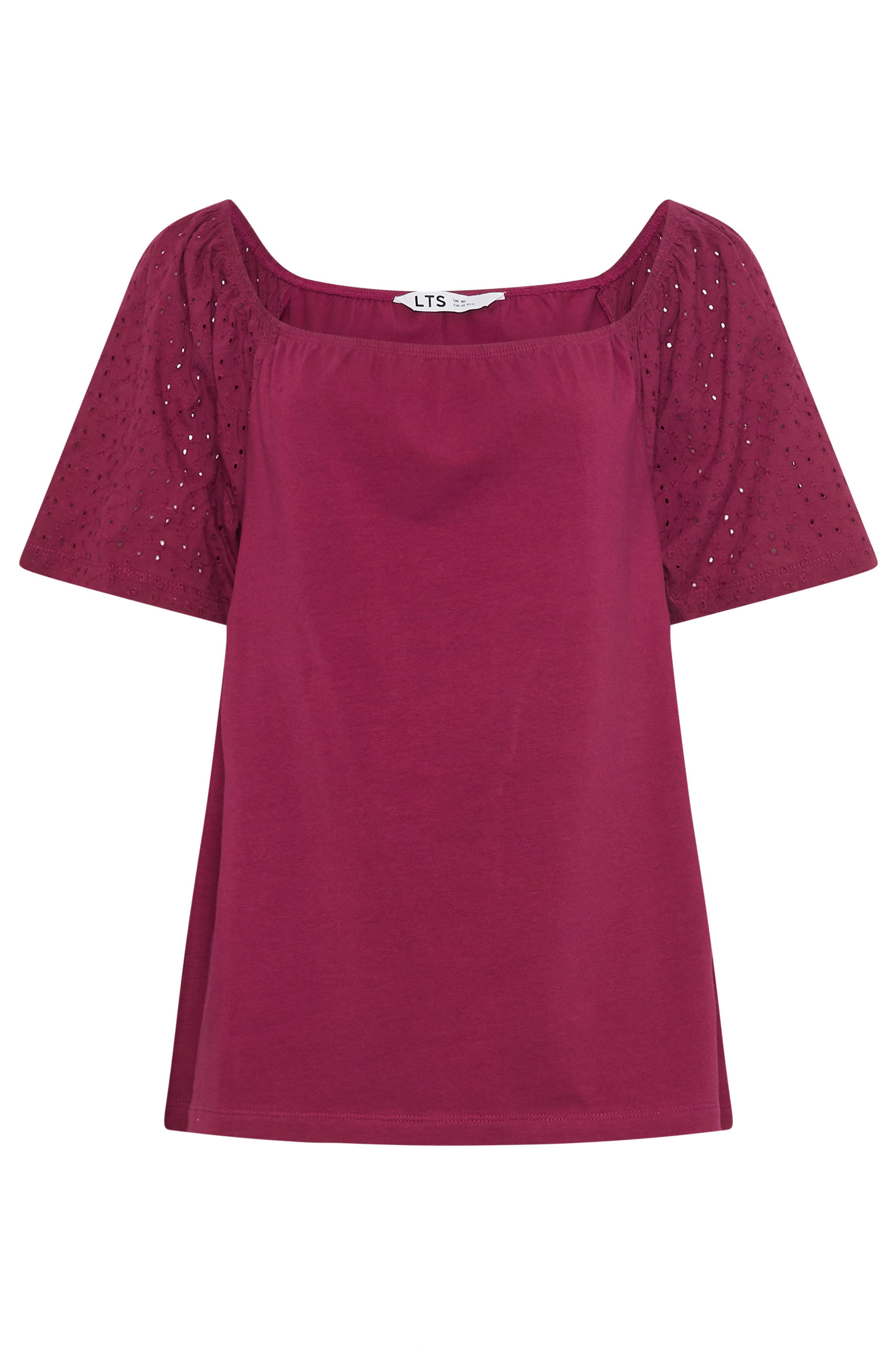 LTS Tall Women's Berry Red Embroidered Sleeve Cotton Top | Long Tall Sally 5