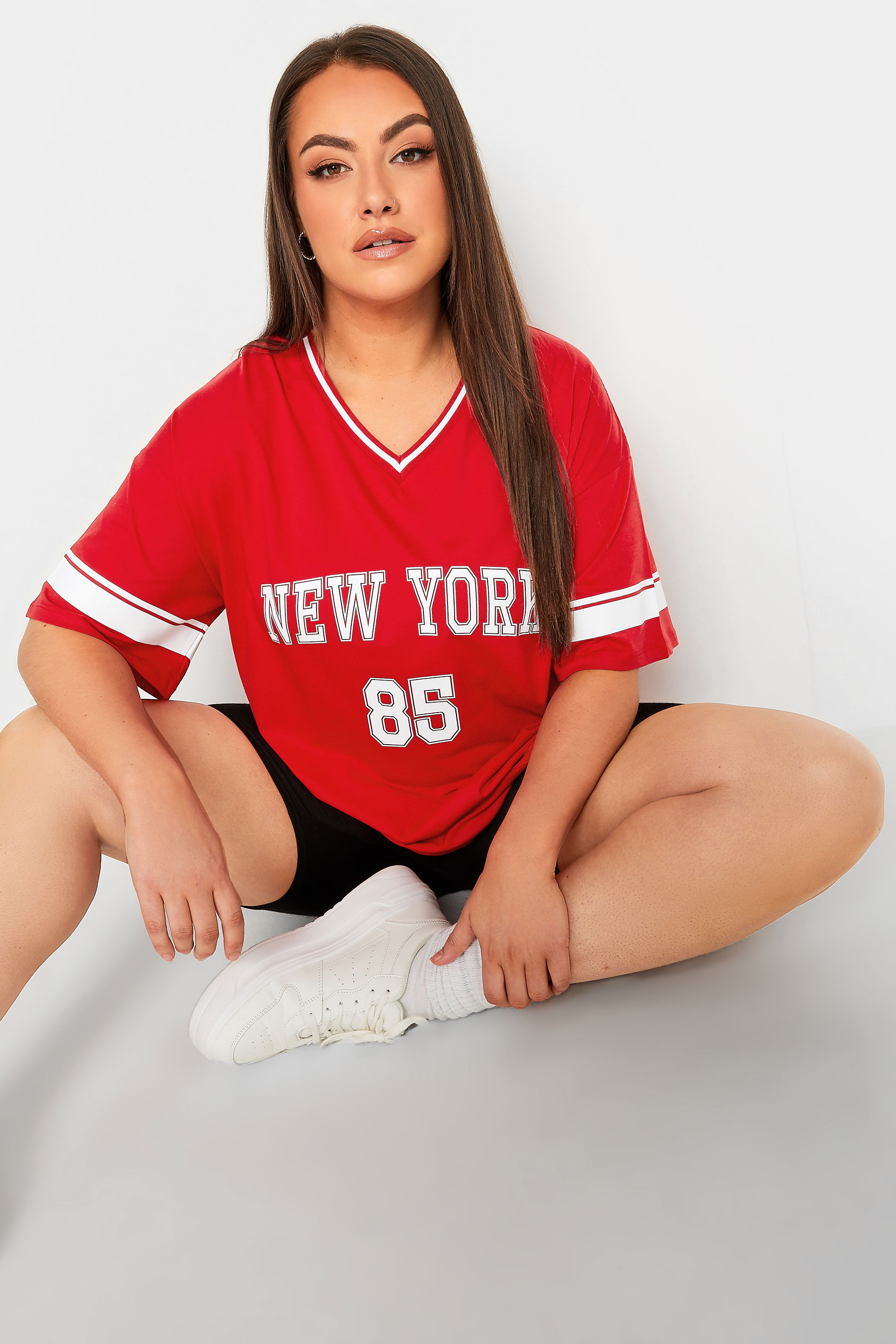 YOURS Curve Plus Size Red 'New York' Slogan Varsity T-Shirt | Yours Clothing 1