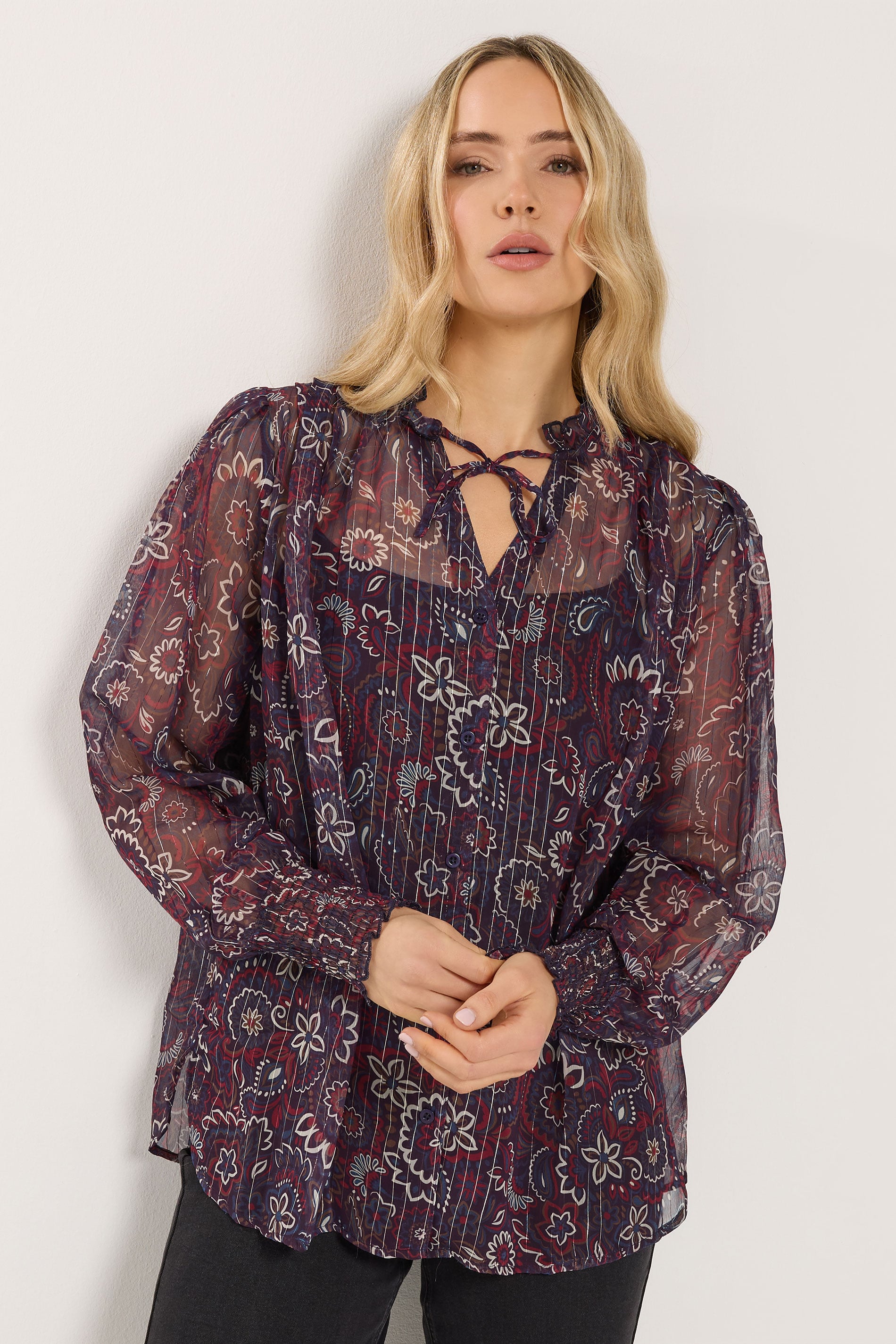 LTS Tall Dark Red Paisley Frill Neck Blouse | Long Tall Sally 1