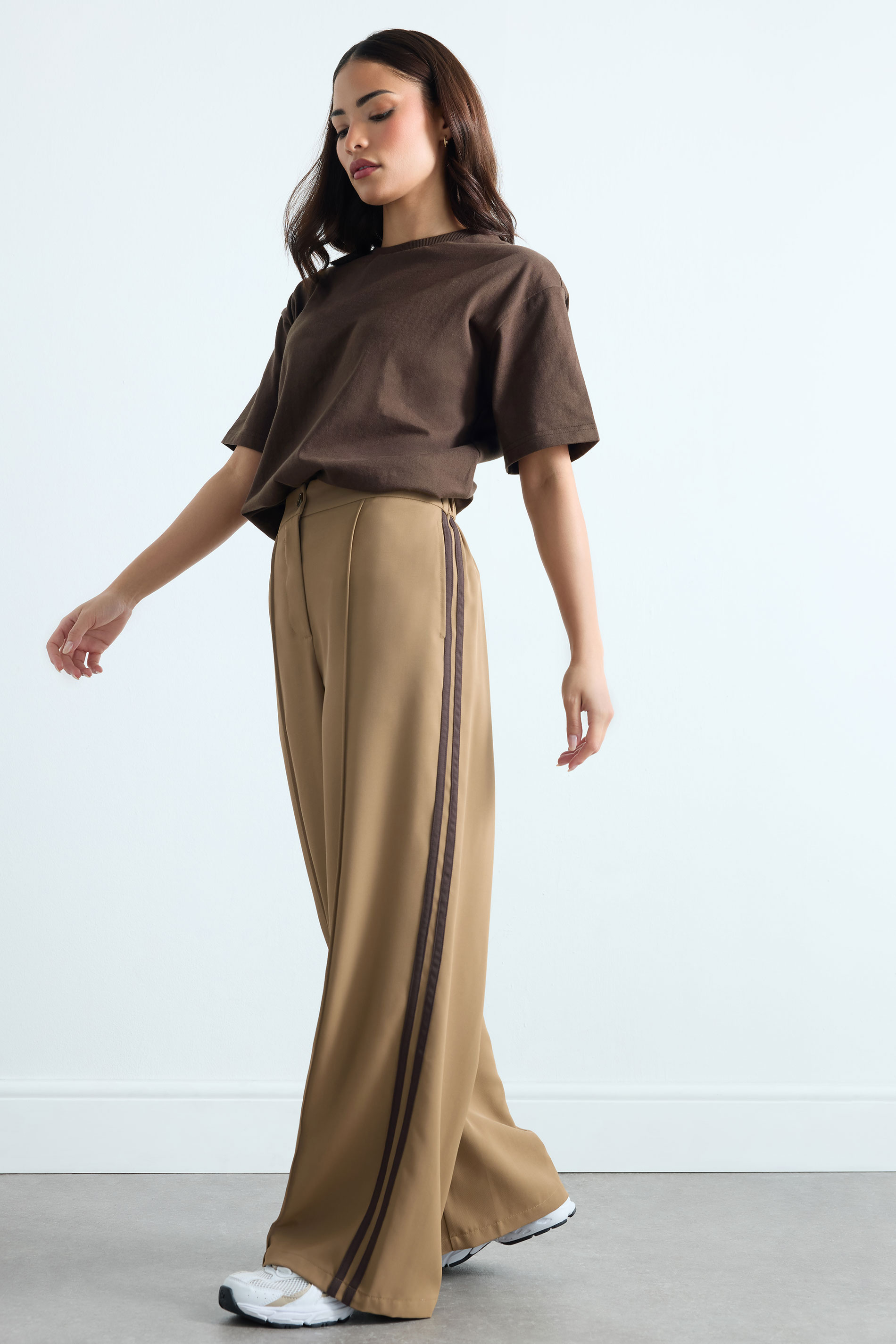 PixieGirl Petite Women's Mocha Brown Side Stripe Wide Leg Trousers | PixieGirl 3