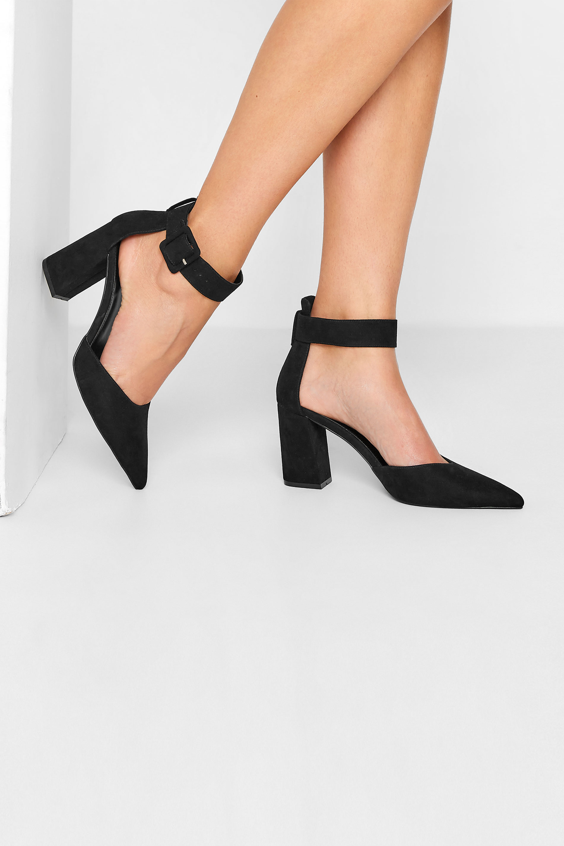 LTS Black Pointed Block Heel Court Shoes In Standard Fit | Long Tall Sally 1