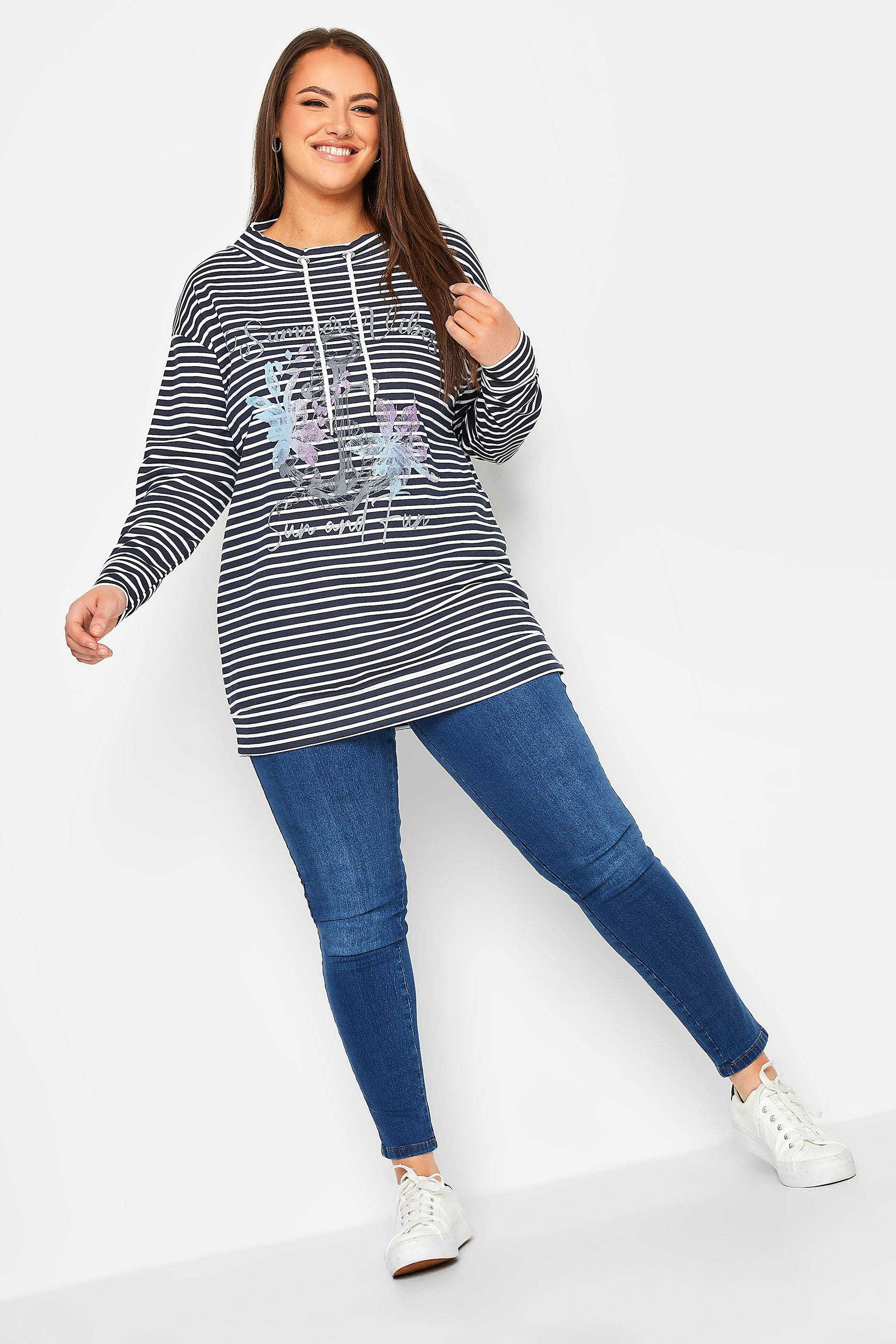 YOURS Curve Navy Blue & White Stripe Anchor Print Sweatshirt | Yours Clothing 2