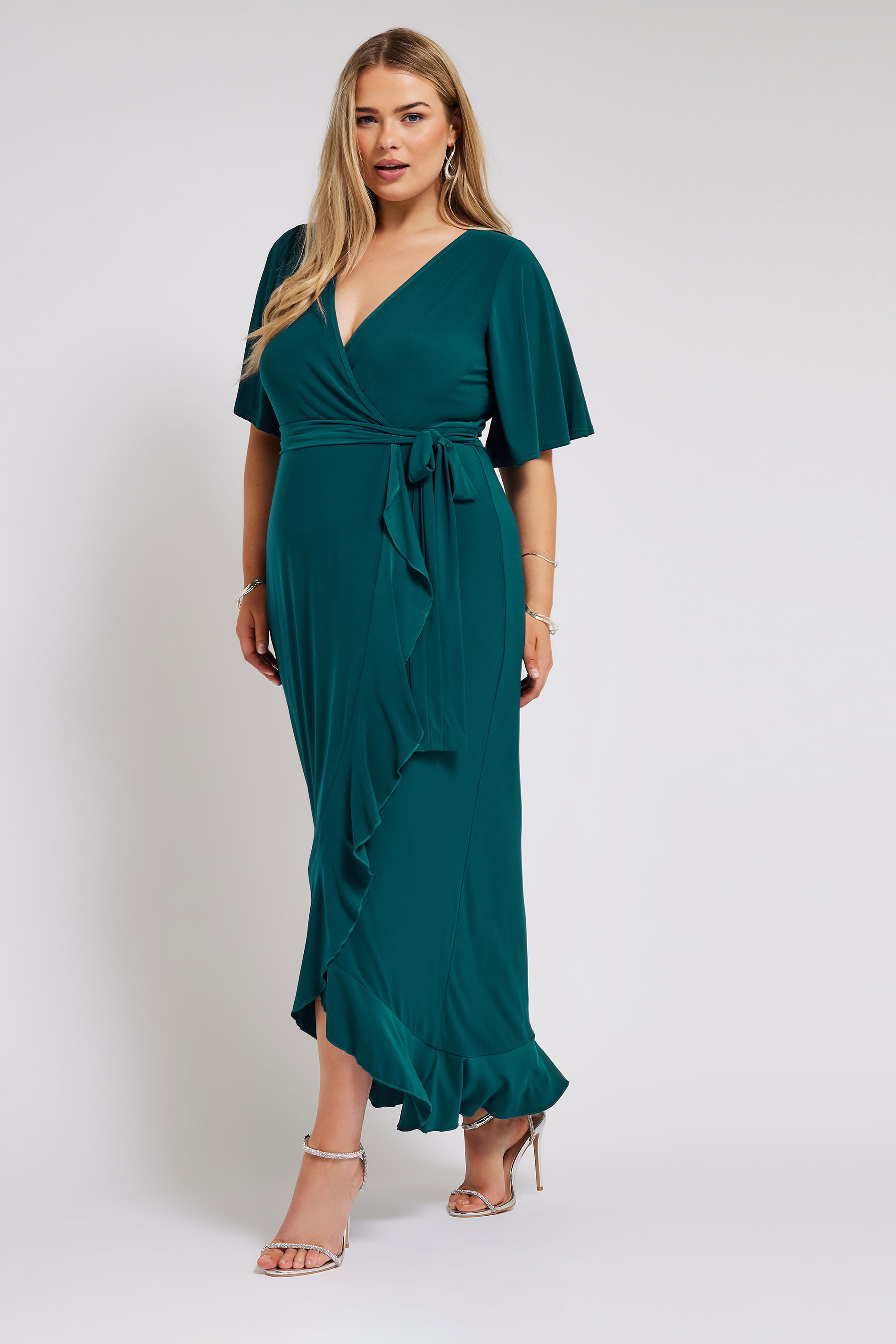 YOURS Plus Size Green Ruffle Hem Wrap Dress | Yours Clothing 2
