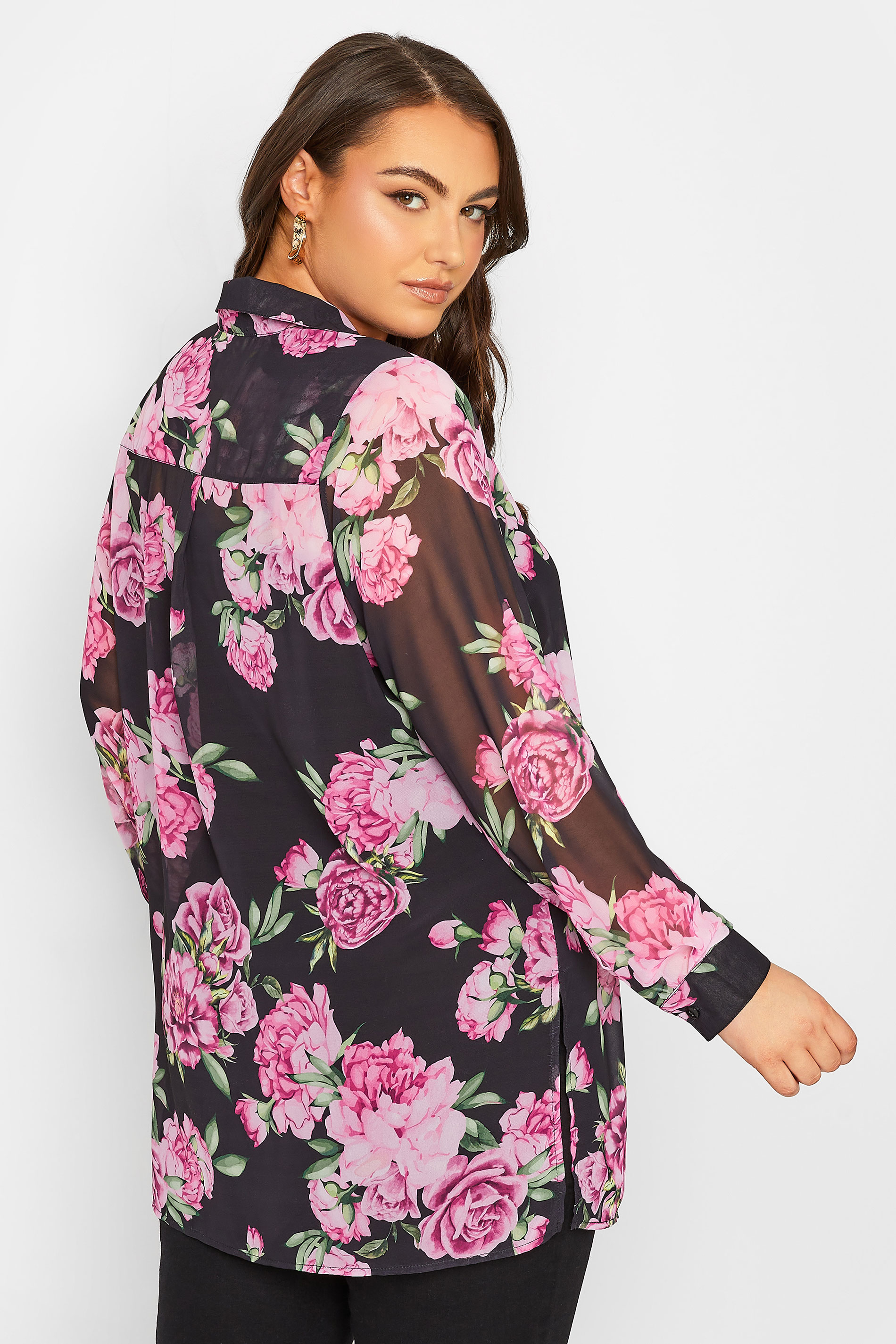 YOURS LONDON Plus Size Curve Black & Pink Floral Print Longline Shirt | Yours Clothing  3