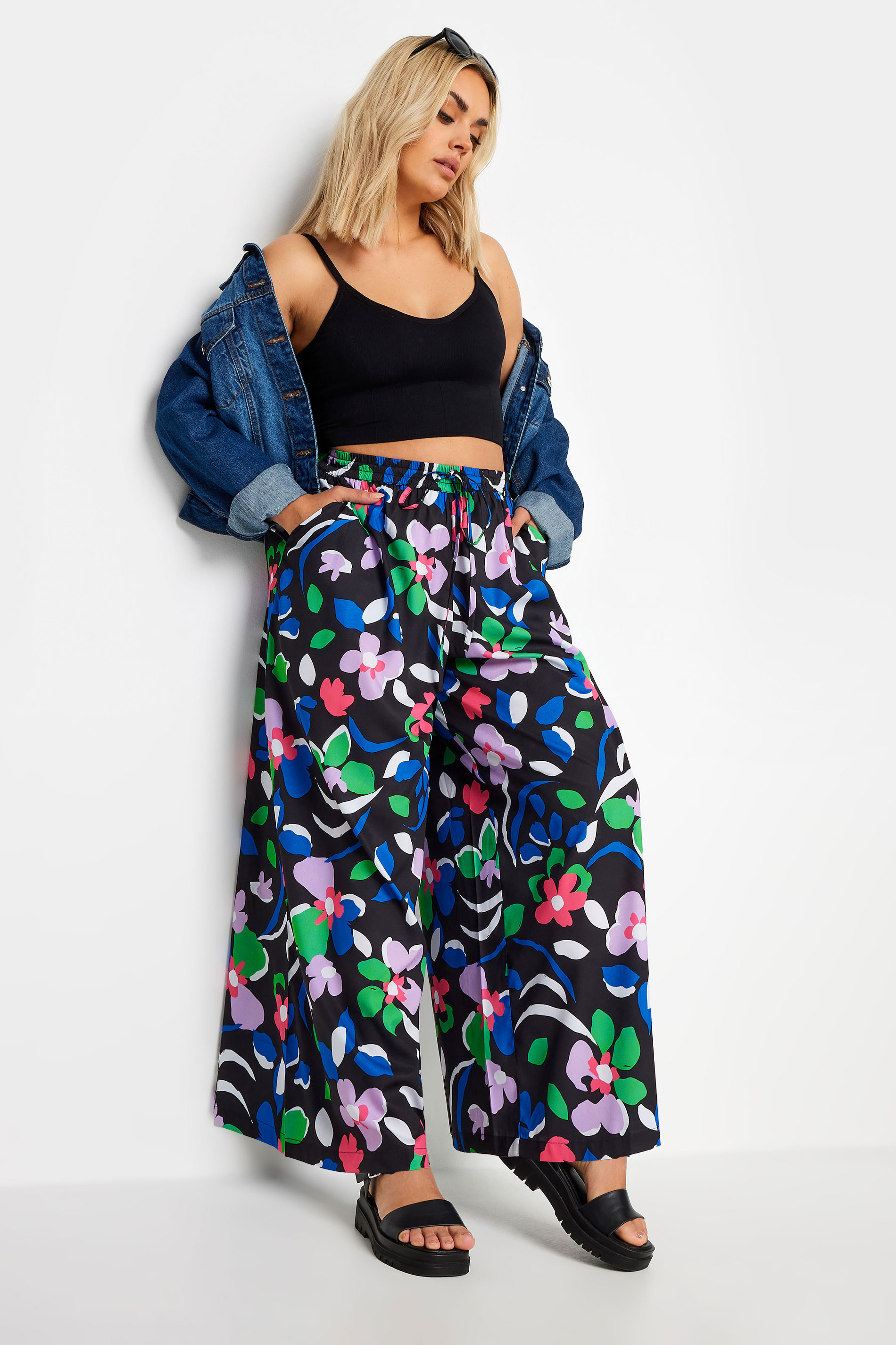 LIMITED COLLECTION Plus Size Black Floral Print Drawstring Wide Leg Trousers | Yours Clothing 2
