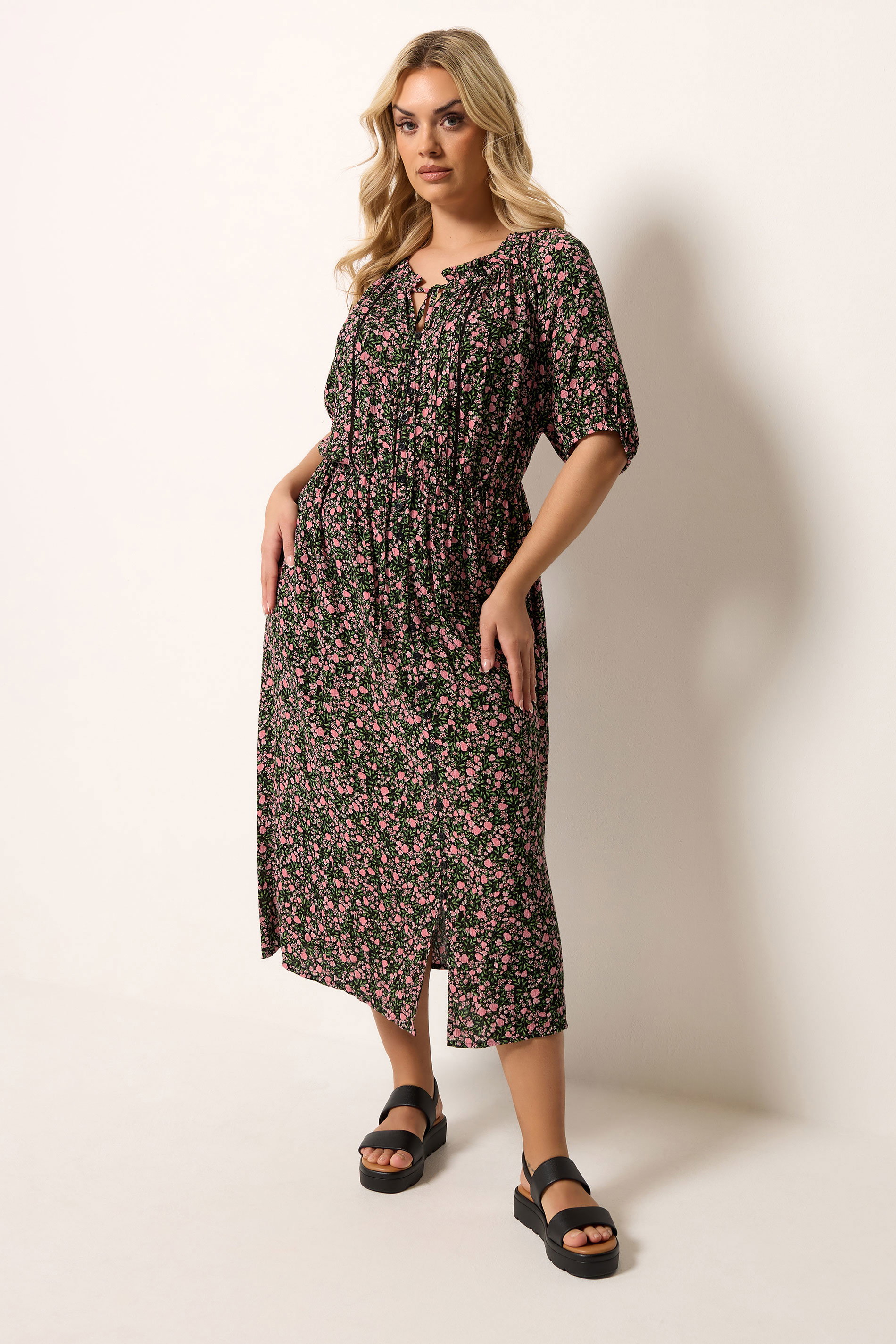 YOURS Plus Size Black Ditsy Floral Pintuck Maxi Dress | Yours Clothing 1