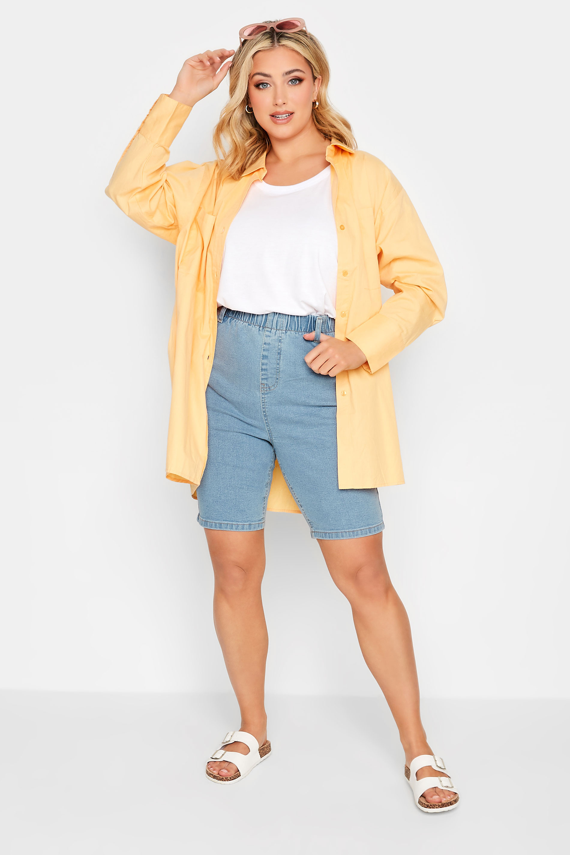 YOURS Plus Size Light Blue Pull On Denim Cycling Shorts | Yours Clothing 2