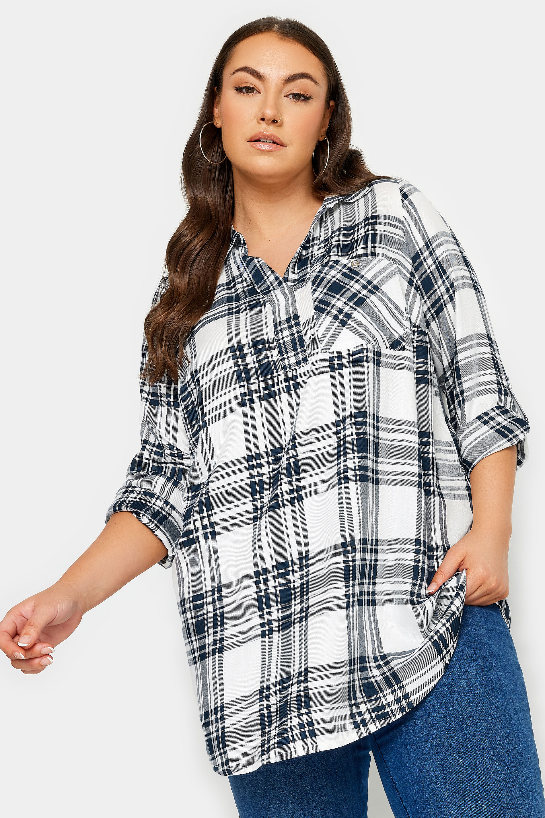 YOURS Curve Plus Size White & Blue Check Print Shirt | Yours Clothing  1