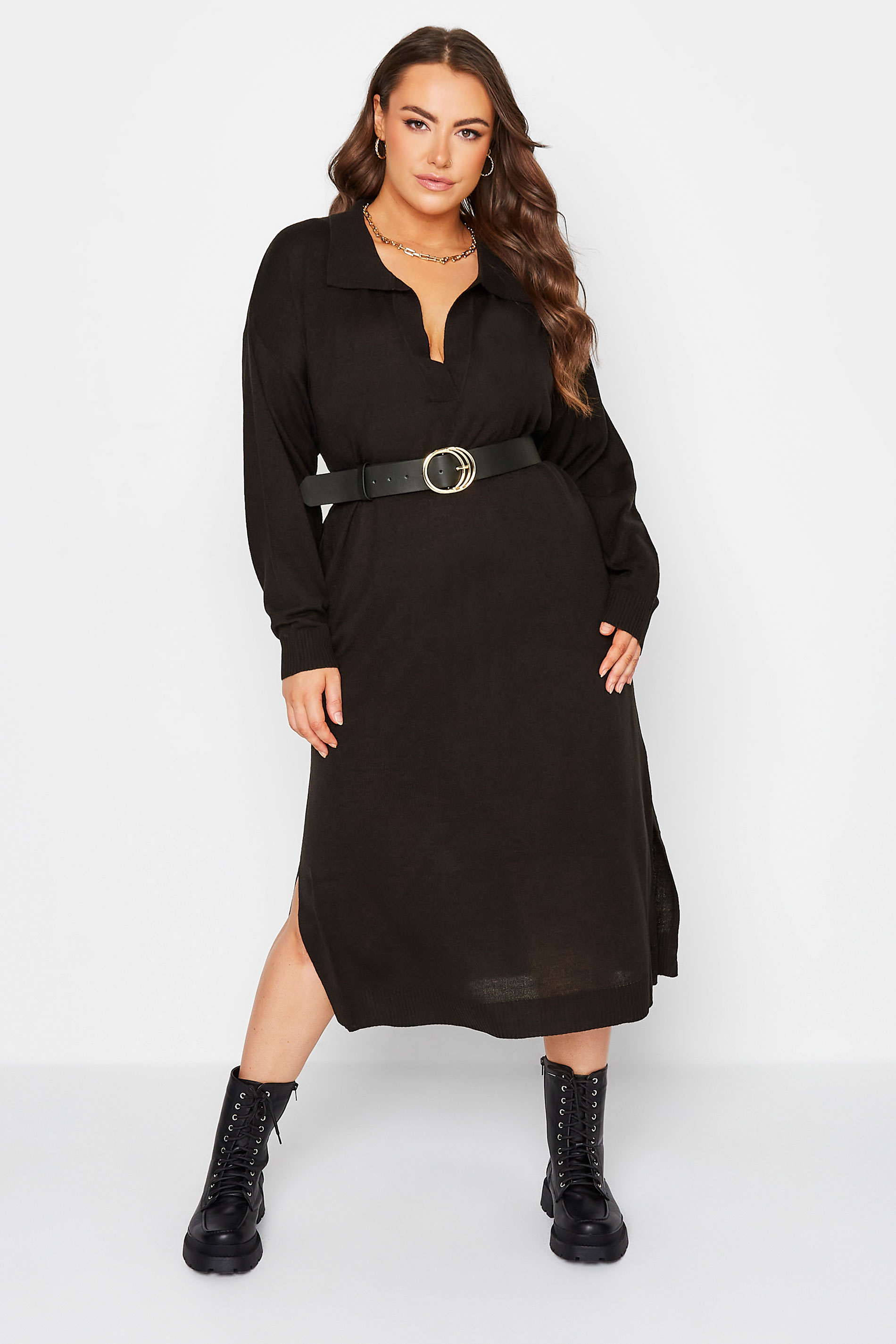 Plus Size Black Open Collar Knitted Jumper Dress | Yours Clothing 1