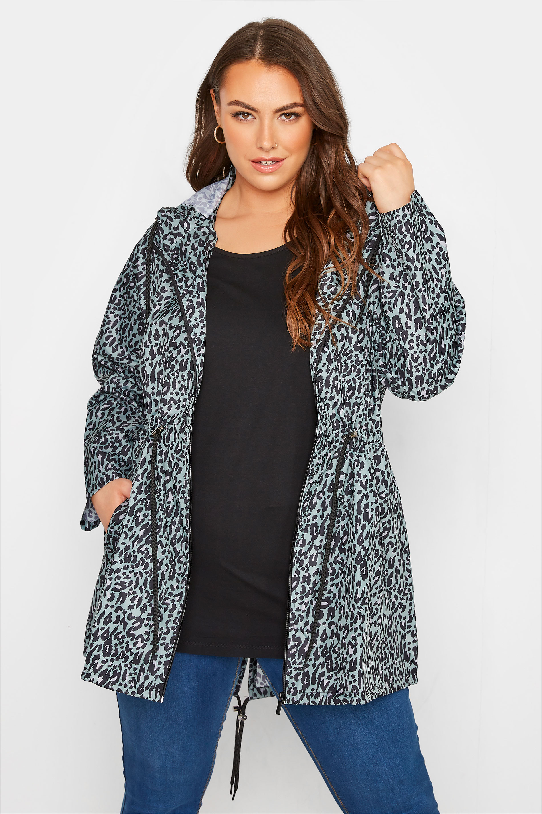 Plus Size Green Leopard Print Pocket Parka | Yours Clothing 1