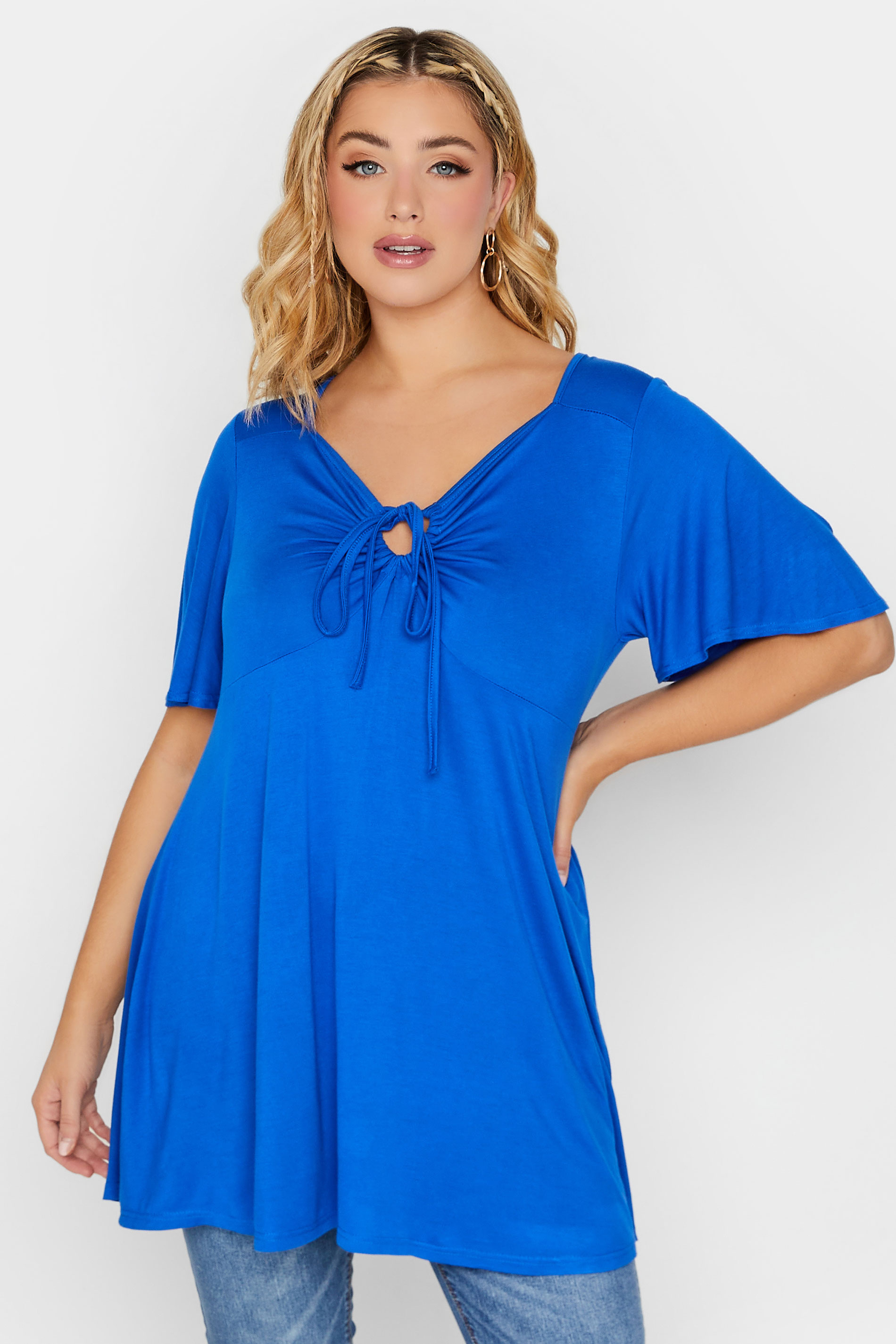 LIMITED COLLECTION Curve Plus Size Cobalt Blue Tie Neck Top | Yours Clothing  1
