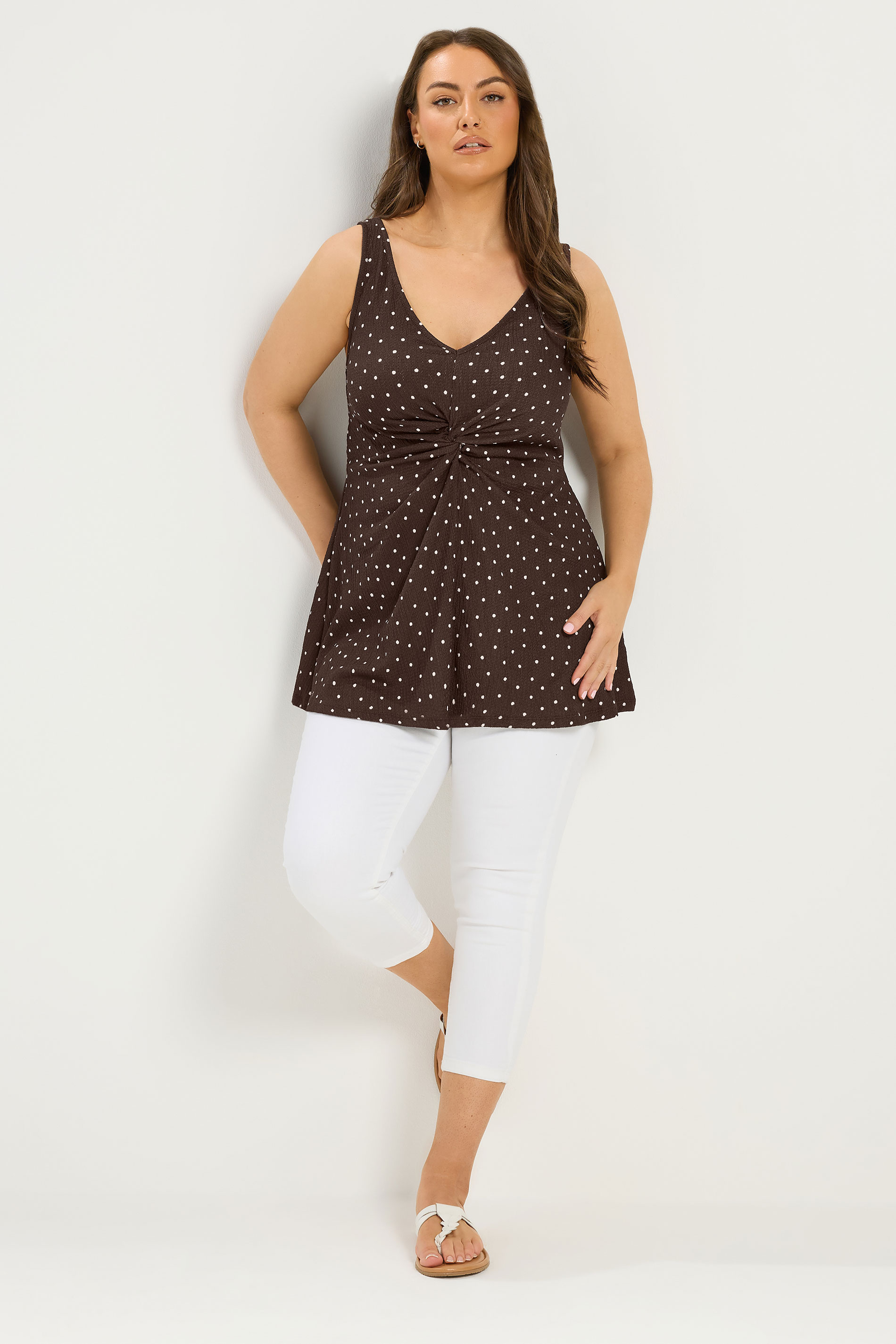 YOURS Plus Size Brown Polka Dot Crinkle Knot Front Vest Top | Yours Clothing 1