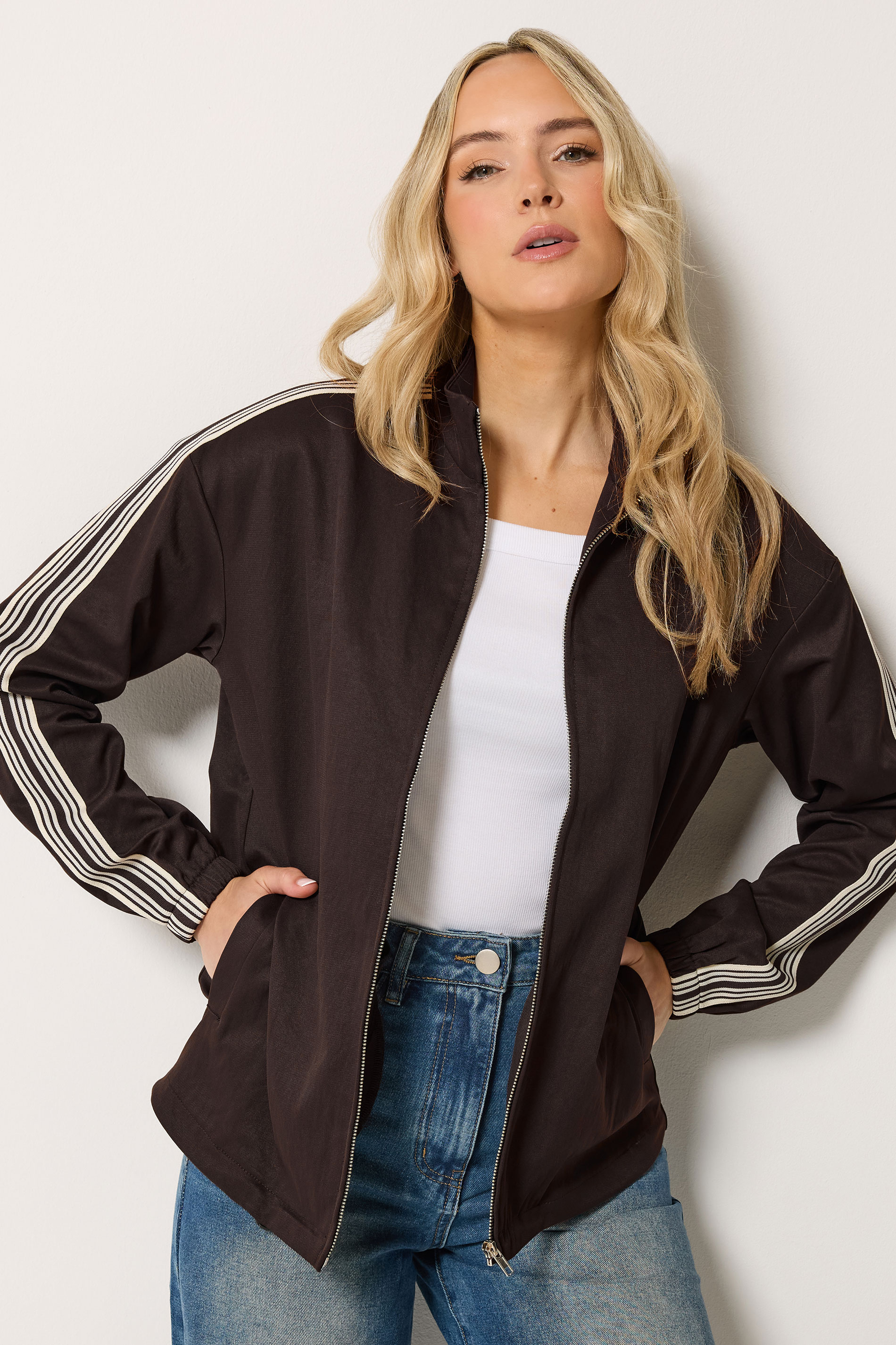 LTS Tall Women's Chocolate Brown Side Stripe Cotton Funnel Neck Jacket | Long Tall Sally 3