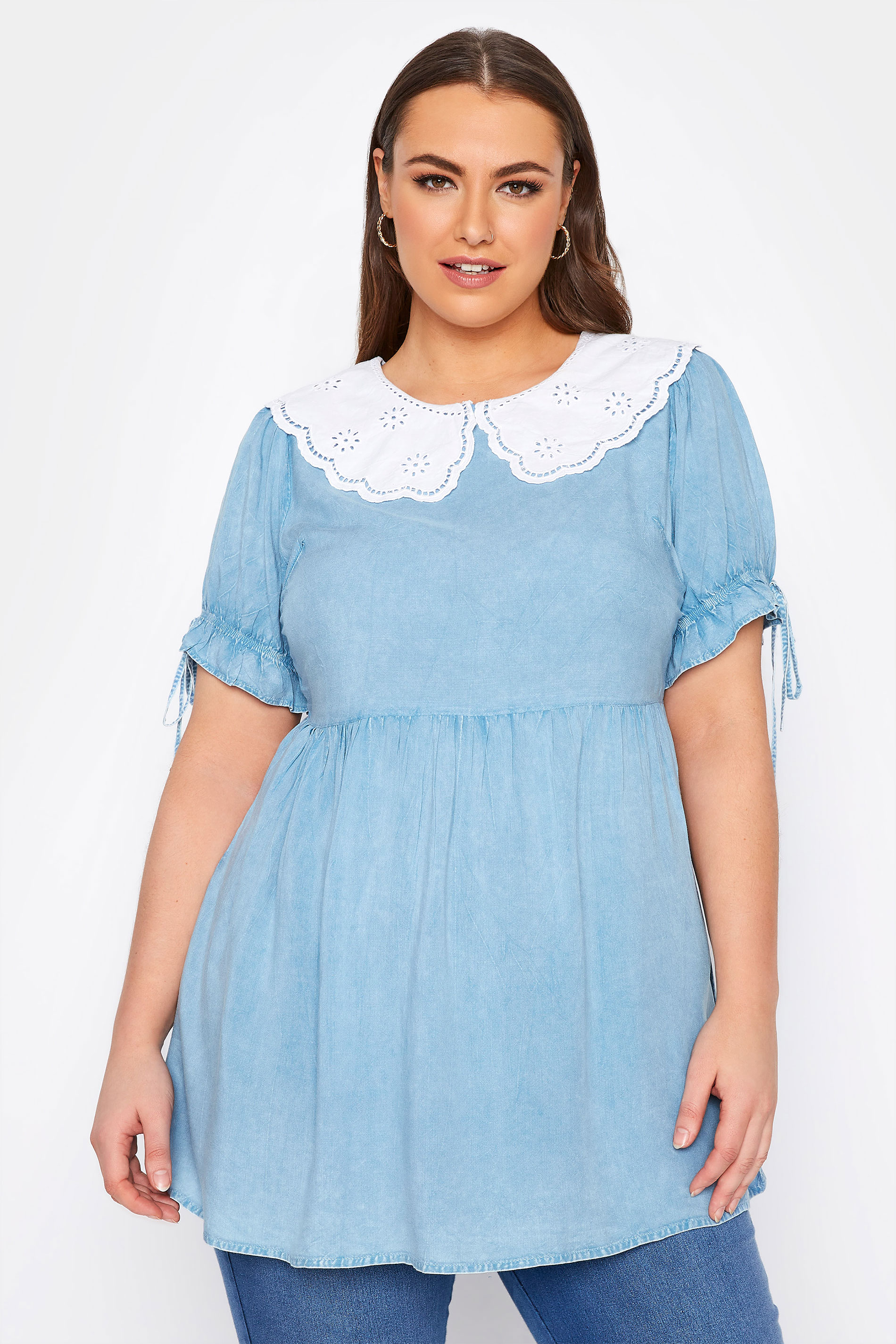 LIMITED COLLECTION Curve Blue Chambray Peplum Collar Top_A.jpg
