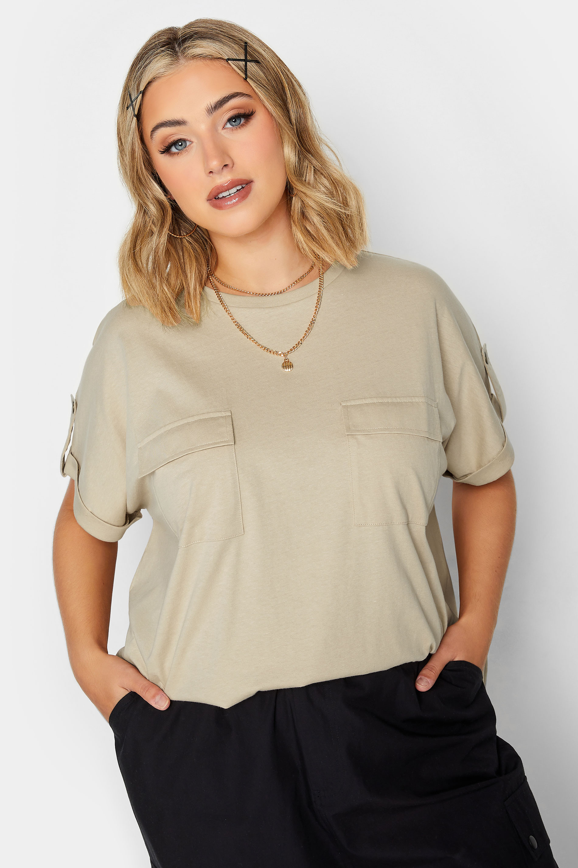 LIMITED COLLECTION Curve Plus Size Natural Brown Pocket T-Shirt | Yours Clothing  2