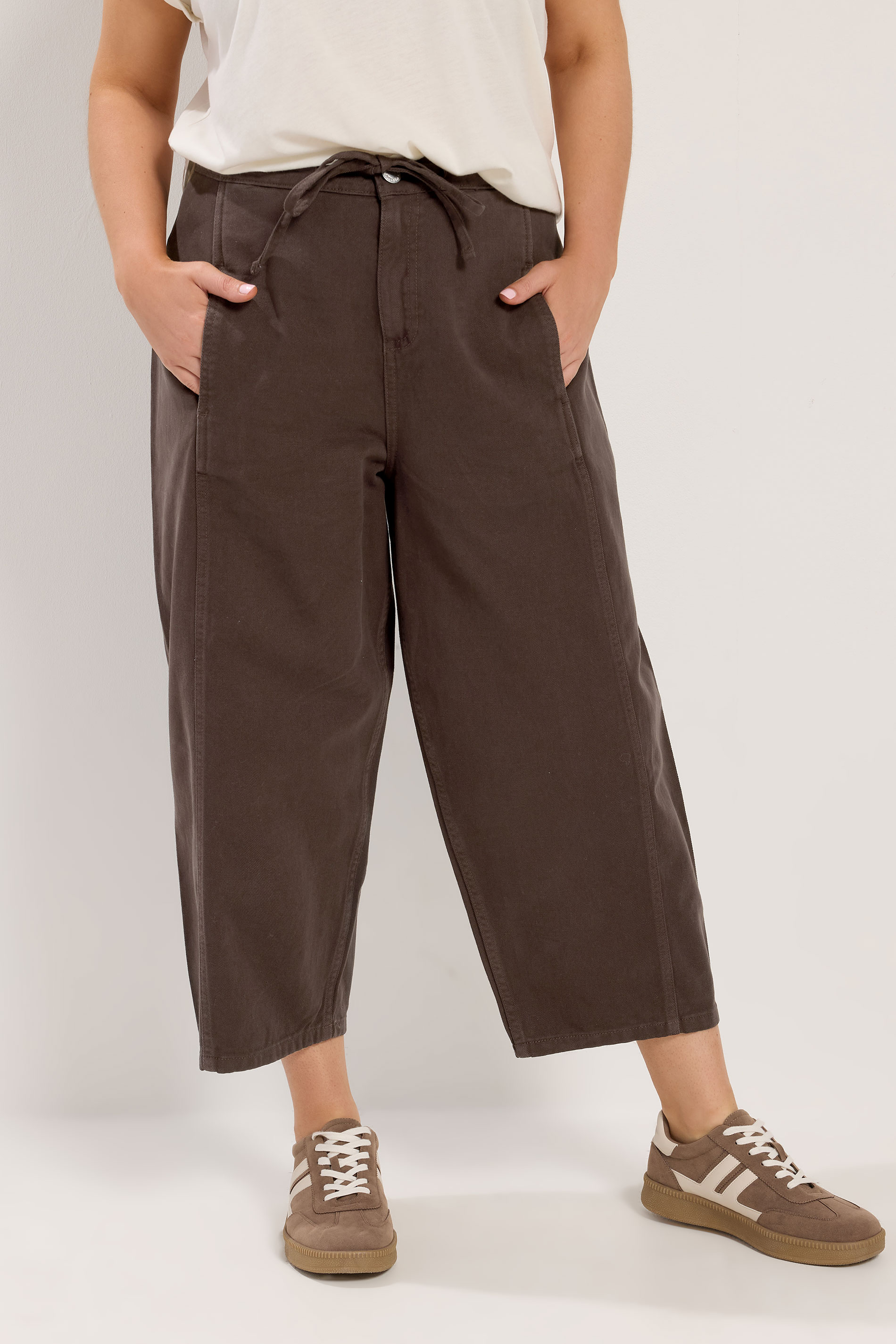 YOURS Plus Size Brown Barrel Leg Cropped Jeans | Yours Clothing 1