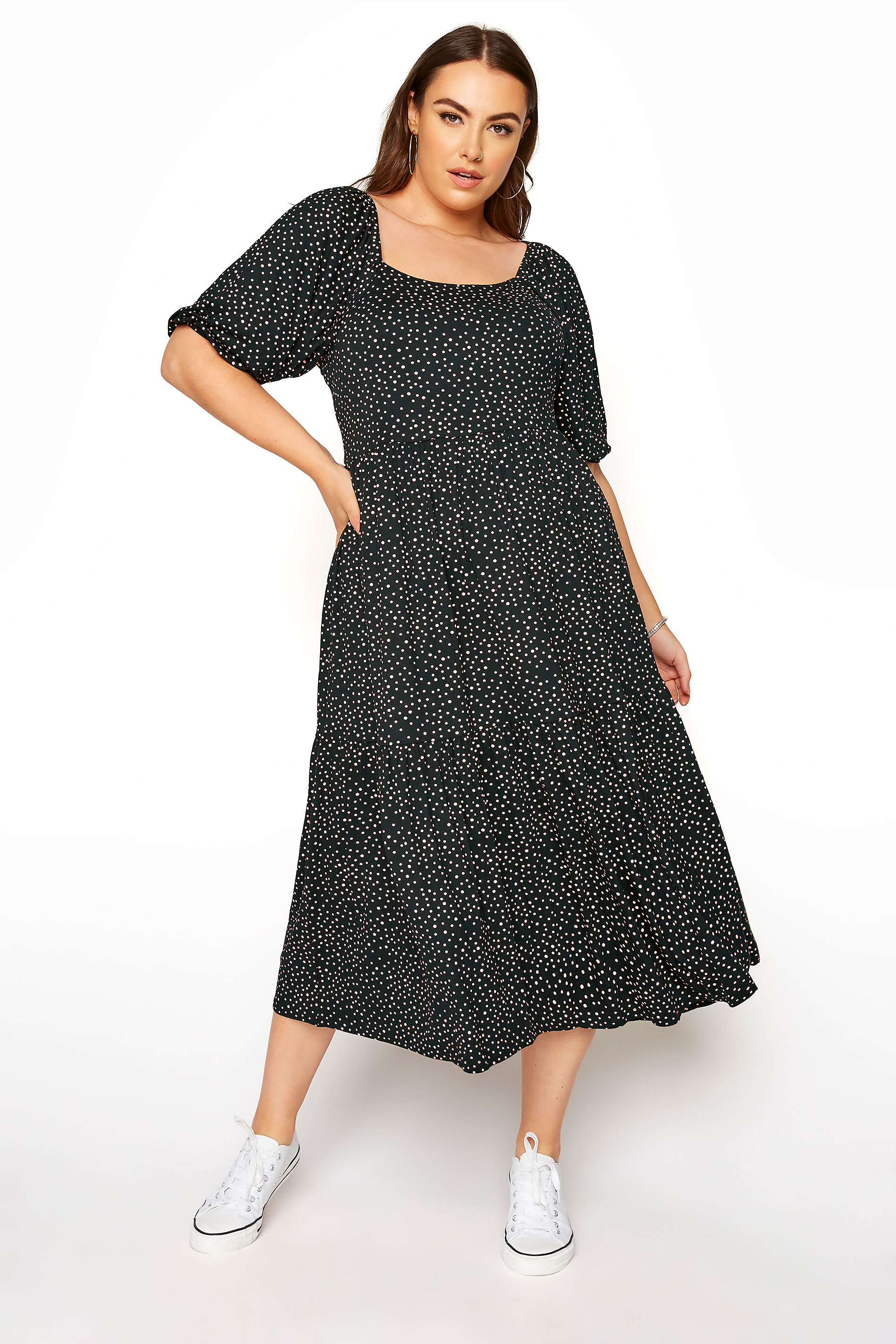 Black Polka Dot Square Neck Midaxi Dress Yours Clothing 0862