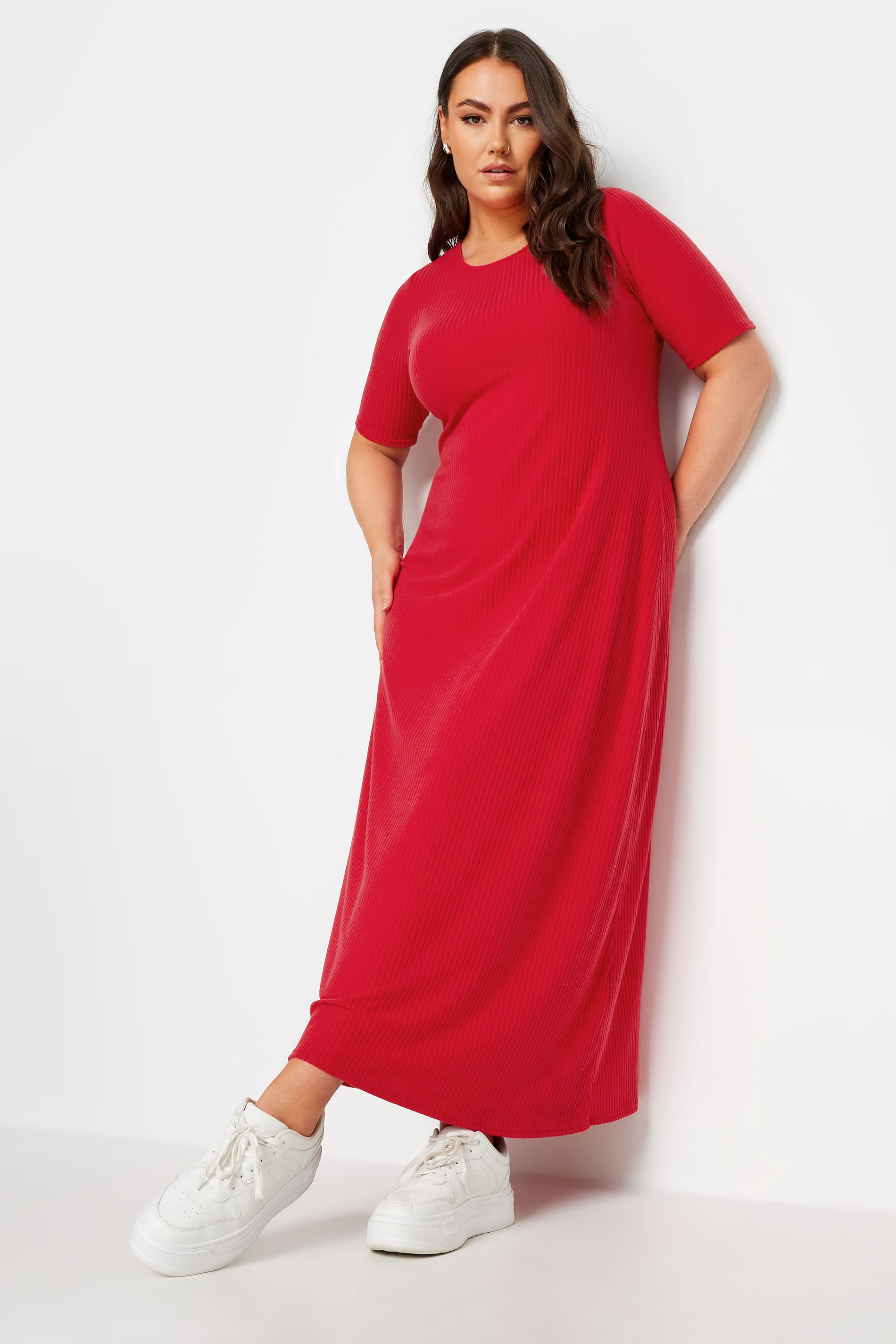 YOURS Plus Size Red Ribbed Swing Maxi Dress | Yours Clothing 2