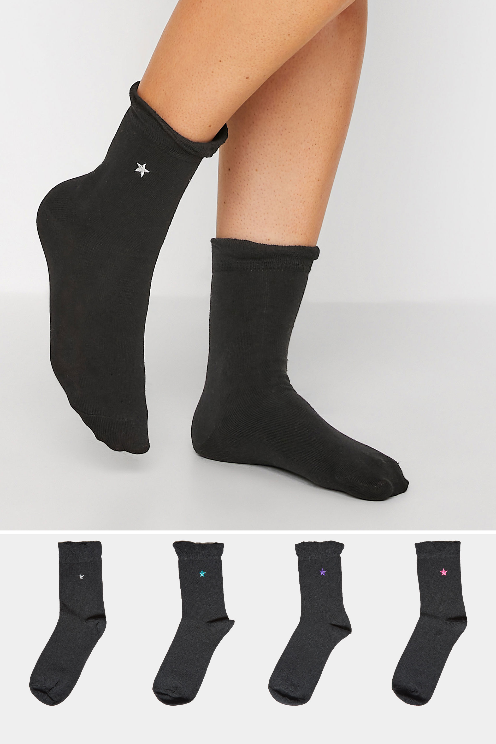4 PACK Black Embroidered Star Ankle Socks | Yours Clothing 1