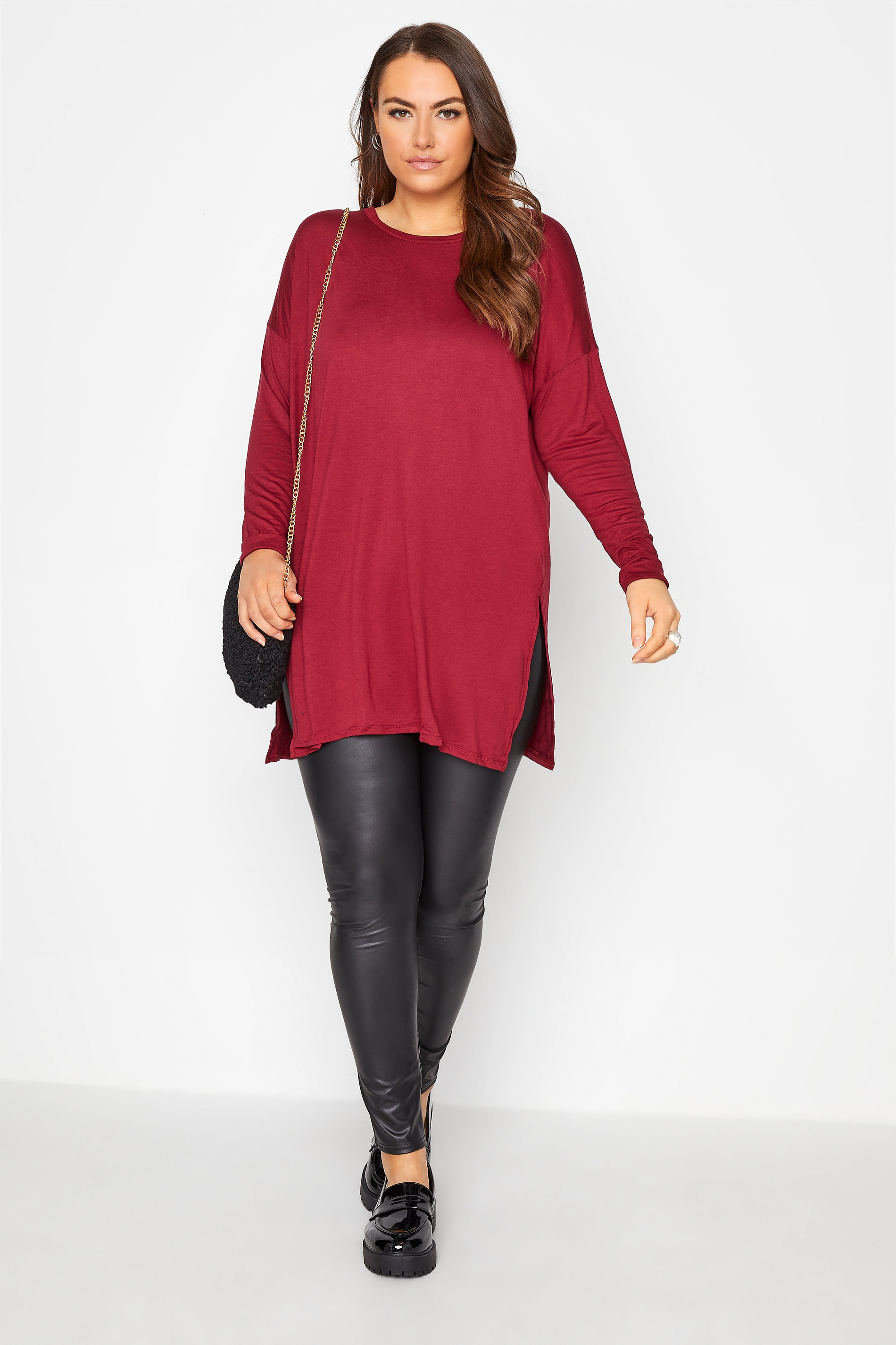 Grande taille  Tops Grande taille  Tops à Manches Longues | T-Shirt Rouge Vin Long Style Oversize - HL07991