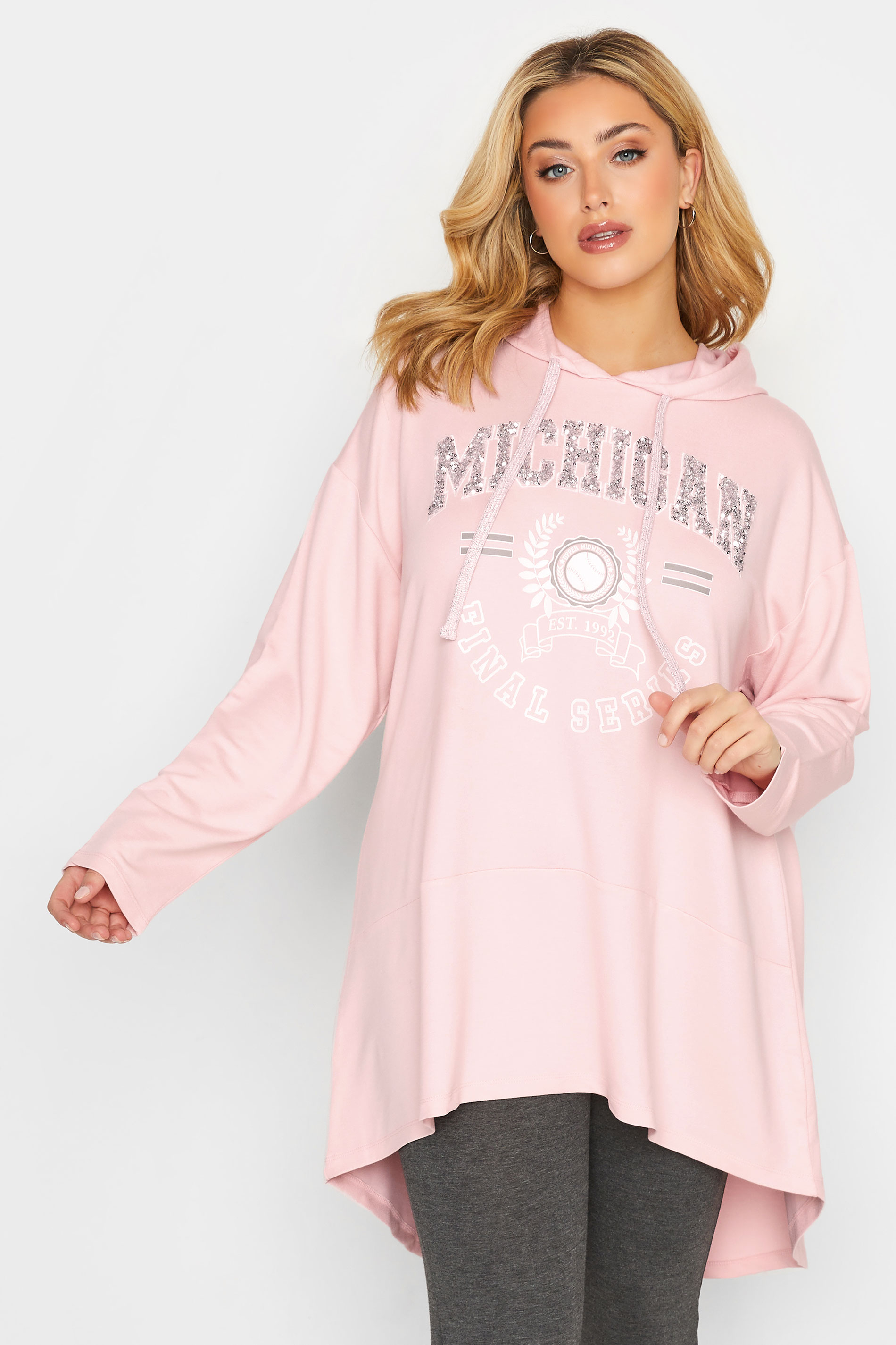 Curve Plus Size Light Pink 'Michigan' Slogan Longline Dip Back Hoodie | Yours Clothing  1