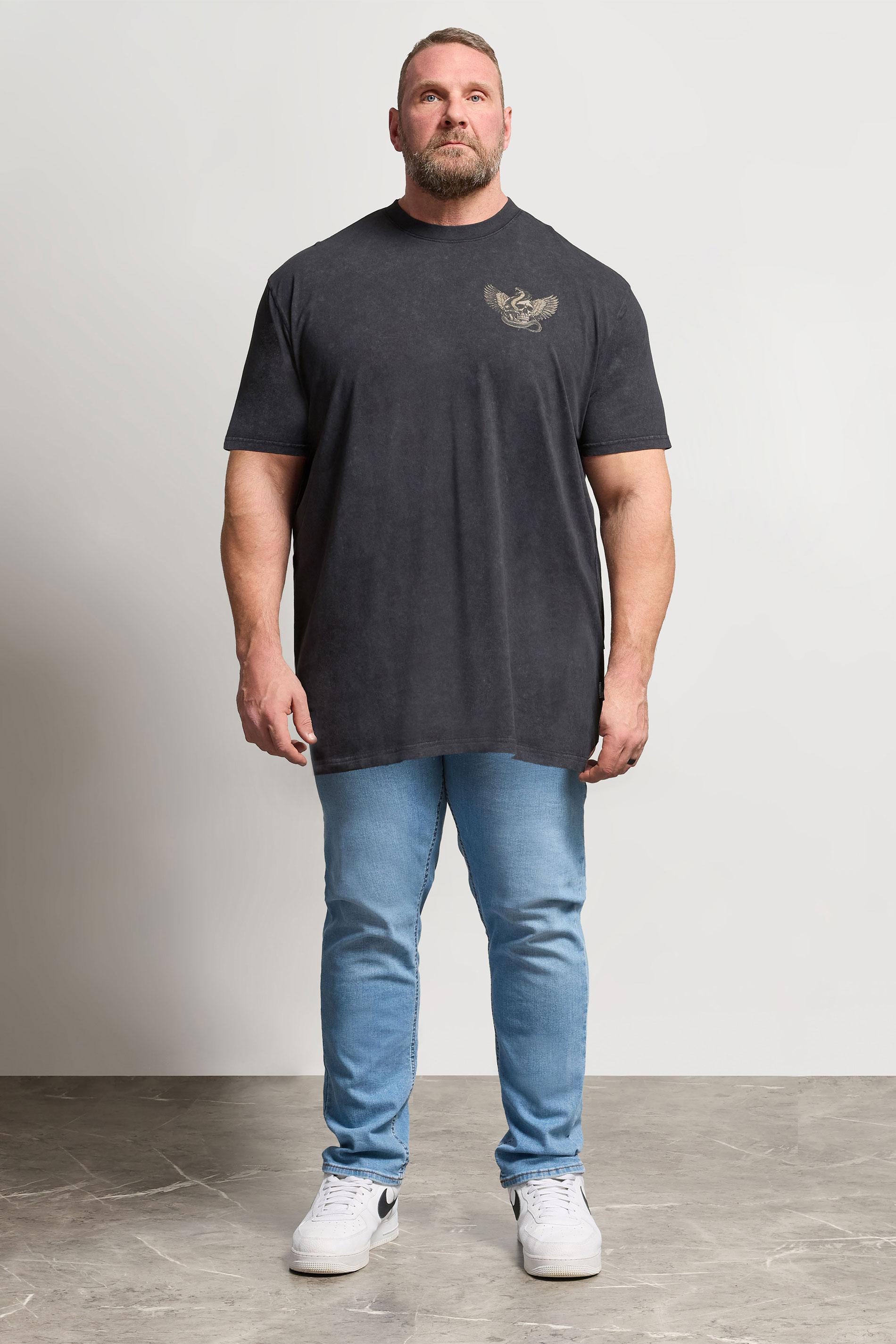 BadRhino Big & Tall Grey Extra Long Snake & Skull Graphic Acid Wash T-Shirt | BadRhino 1