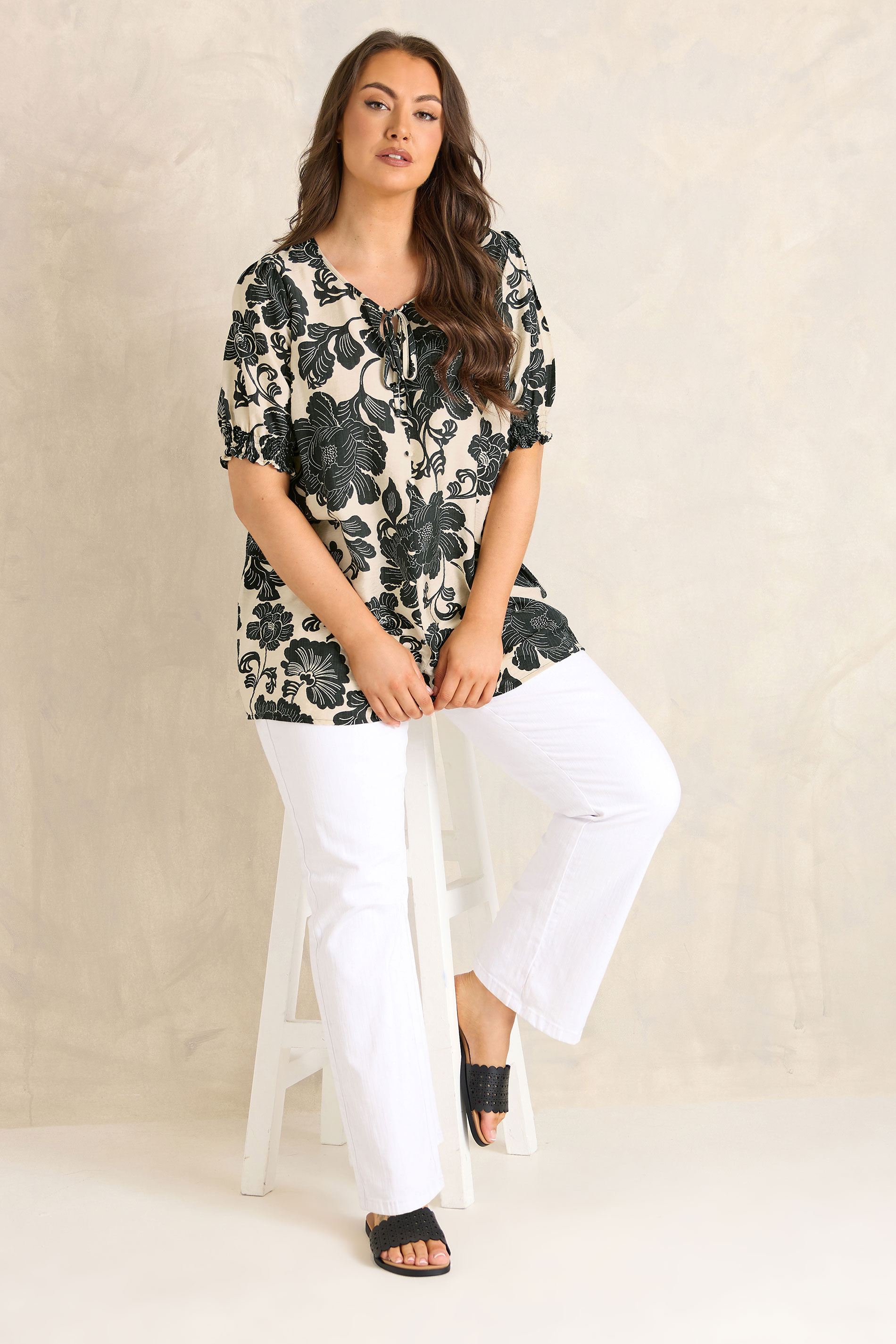 EVANS Plus Size Black Floral Tie Neck Blouse | Evans 1