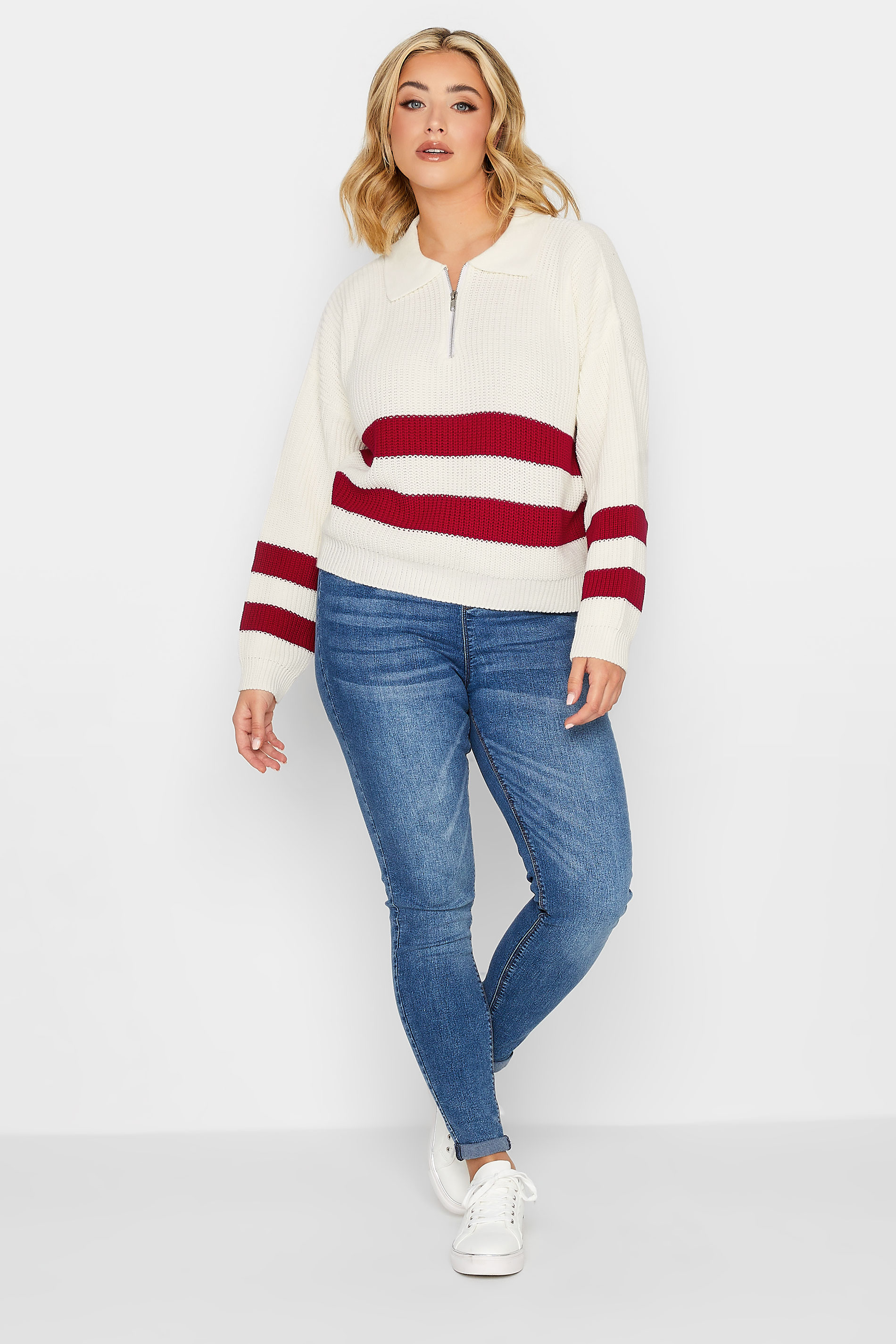 YOURS PETITE Plus Size White & Red Stripe Zip Collar Jumper | Yours Clothing 2
