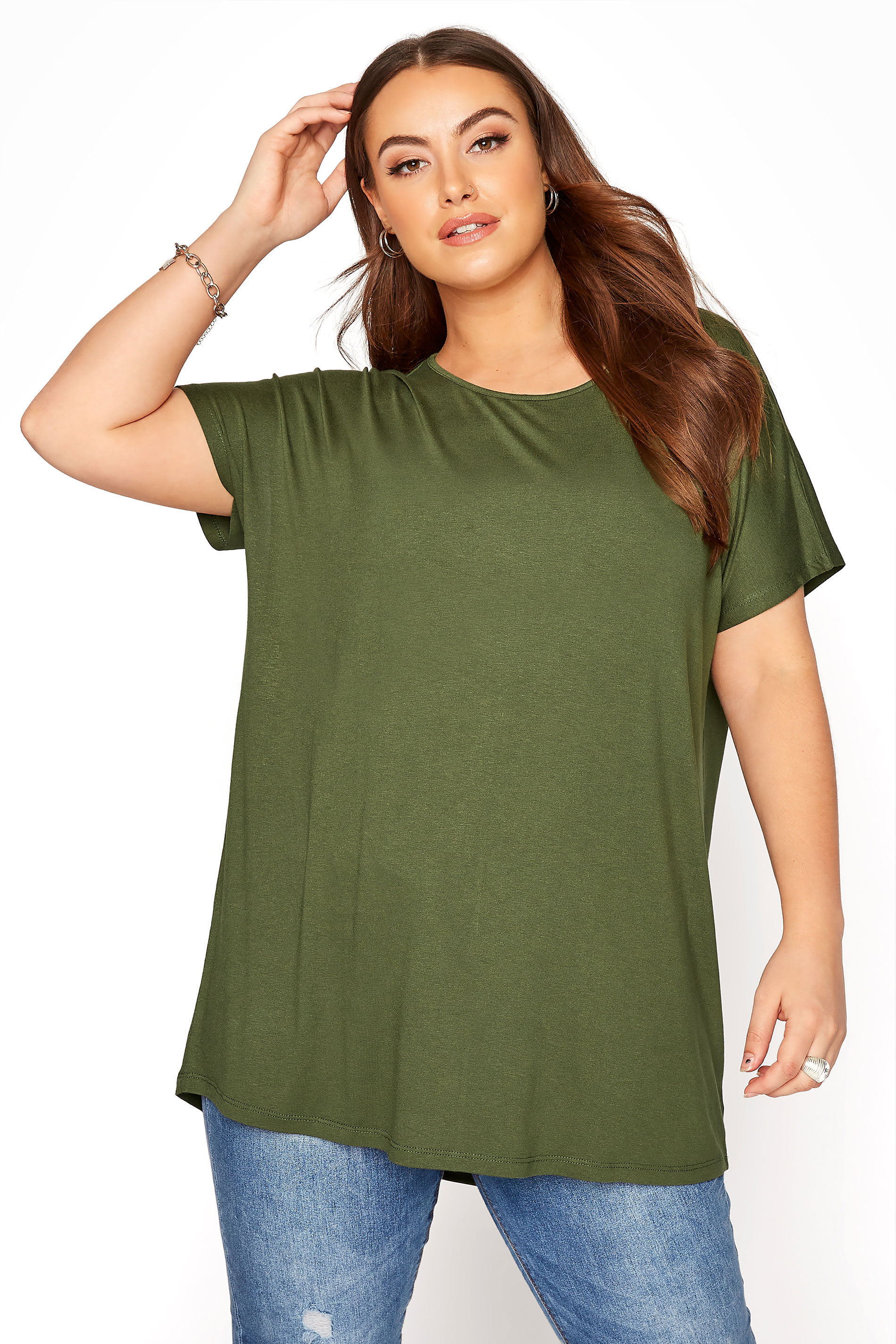 Curve Khaki Green Grown On Sleeve Dip Back T-Shirt_A.jpg