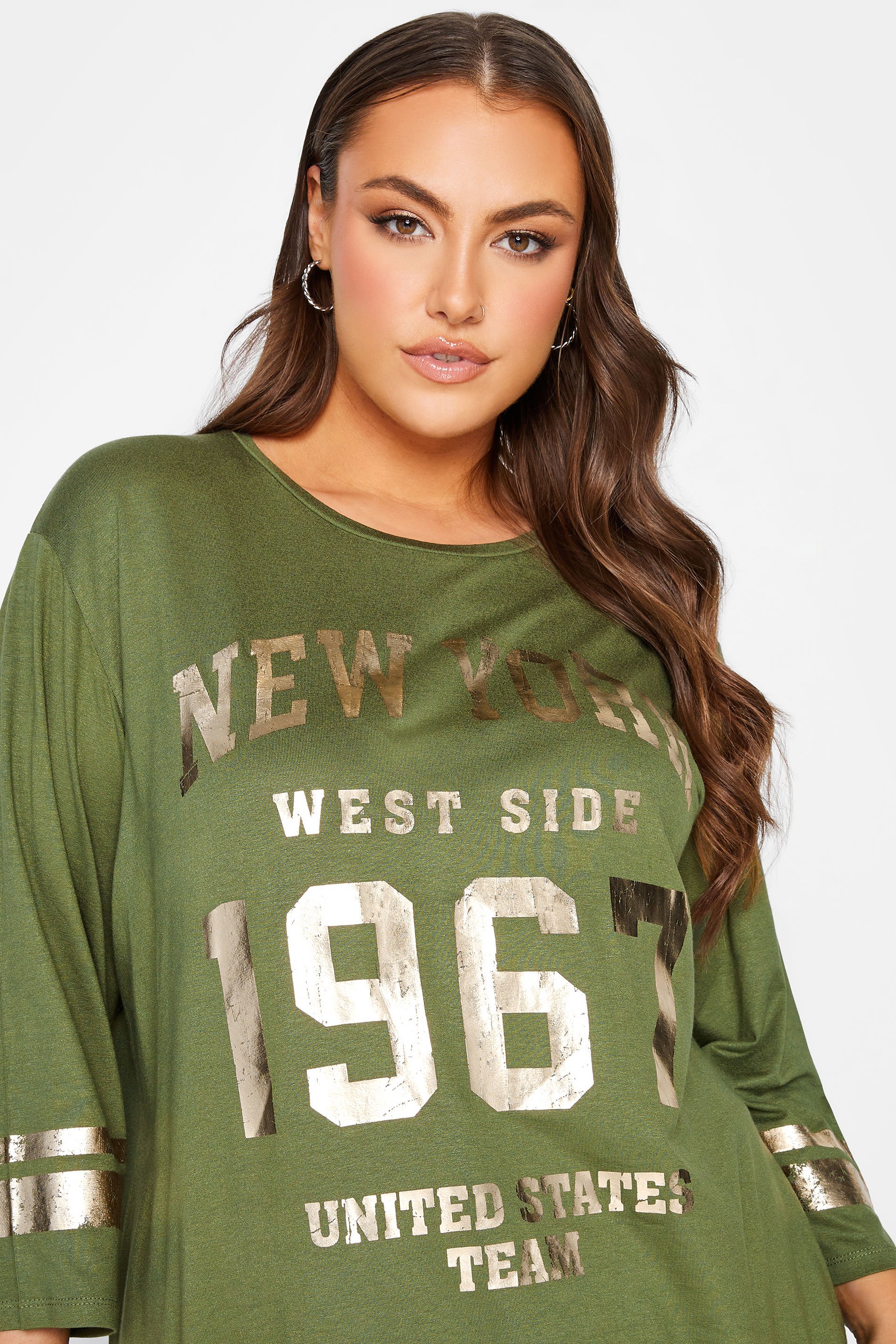 Plus Size Yours Curve Khaki Green 'New York' Slogan Varsity Tshirt Size 26-28 | Women's Plus Size and Curve Fashion