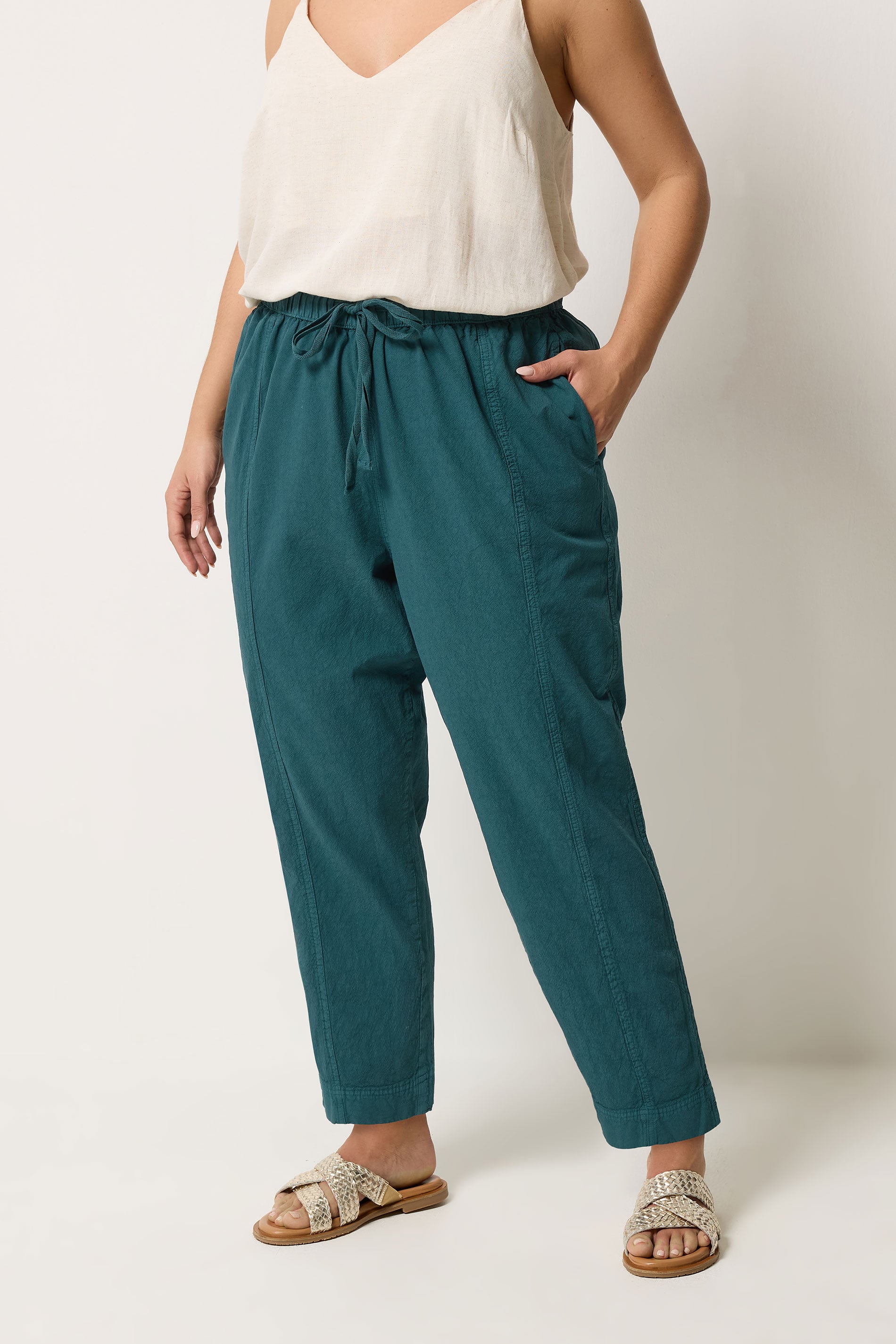 YOURS Plus Size Teal Green Cool Cotton Barrel Leg Denim Trousers | Yours Clothing 3